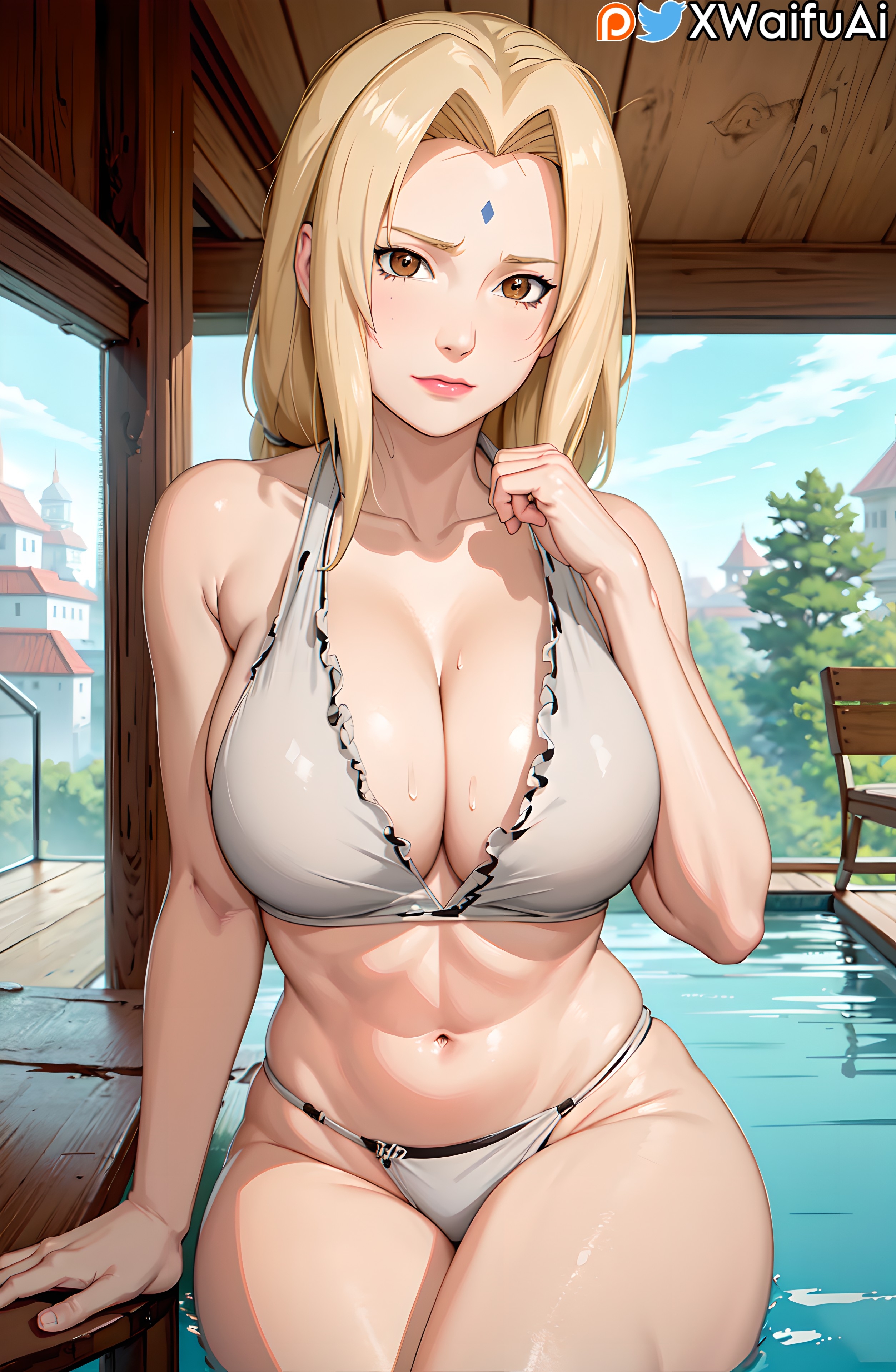 ai generated, anime, ass, big breasts, bikini, blonde hair, breasts, brown eyes, female, huge breasts, mommy, naruto, naruto (series), naruto shippuden, thick ass, thick thighs, tsunade, xwaifuai