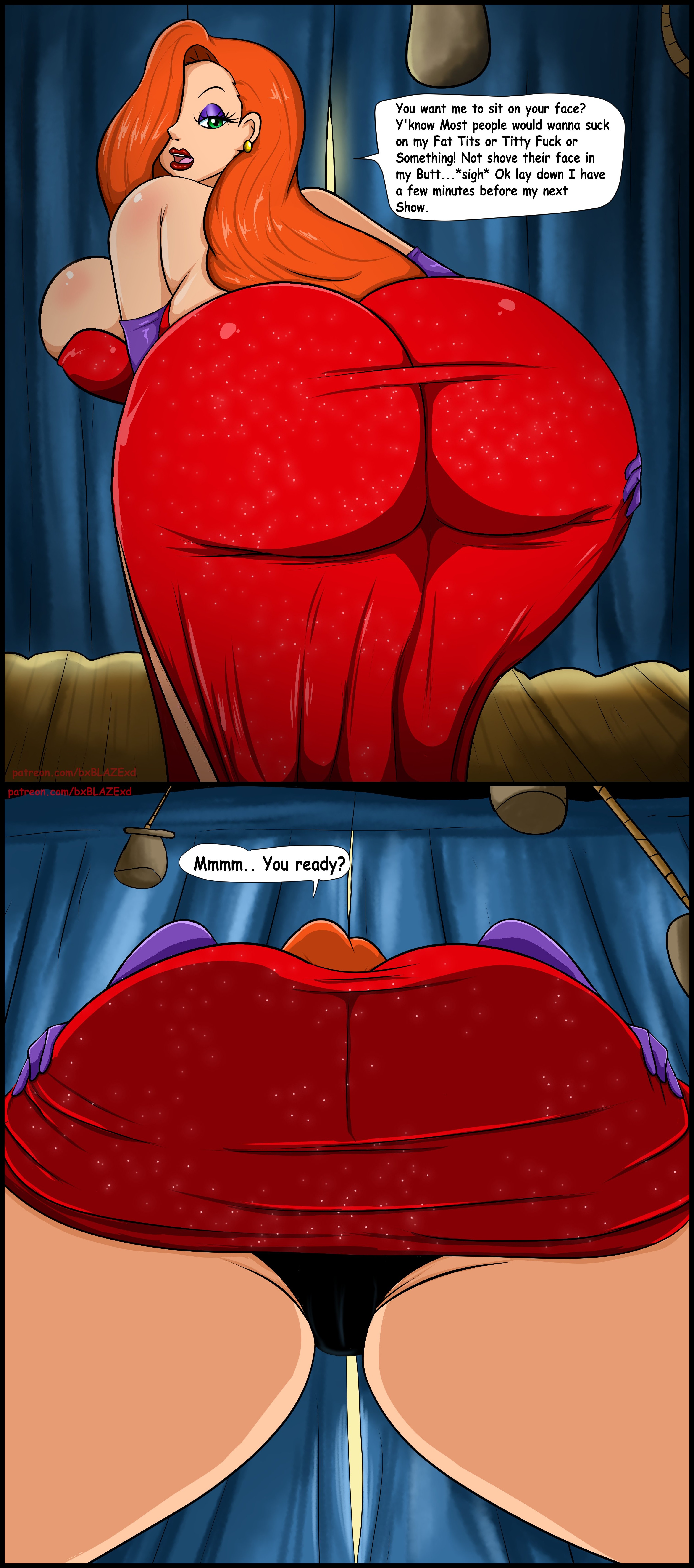 1girls, absurd res, absurdres, alternate version available, armwear, ass, ass focus, ass in dress, ass to viewer, backstage, bare shoulders, before and after, big ass, big breasts, big butt, black panties, black underwear, blaze (artist), bottom heavy, breasts, bubble ass, bubble butt, bxblazexd, curvaceous, curvy, detailed background, dialogue, disney, dress, dress inside ass, earrings, edit, edited, english text, eyelashes, eyeshadow, facesitting, facesitting pov, fat ass, female, female focus, female only, gloves, grabbing own ass, green eyes, hair over one eye, hand on own ass, hi res, high resolution, highres, huge ass, jessica rabbit, large ass, large breasts, light skin, light-skinned female, lipstick, long eyelashes, long gloves, long hair, looking at viewer, looking back, looking back at viewer, looking over shoulder, low-angle view, makeup, mature, mature female, milf, multiple images, open mouth, orange hair, panties, pov, pov facesitting, presenting, presenting ass, presenting butt, presenting hindquarters, purple eyeshadow, purple gloves, red dress, red hair, red lipstick, sideboob, solo, solo female, solo focus, speech bubble, stage, submissive pov, tagme, talking to another, talking to partner, talking to viewer, text, thick ass, thick thighs, thighs, underwear, viewed from below, voluptuous, voluptuous female, who framed roger rabbit