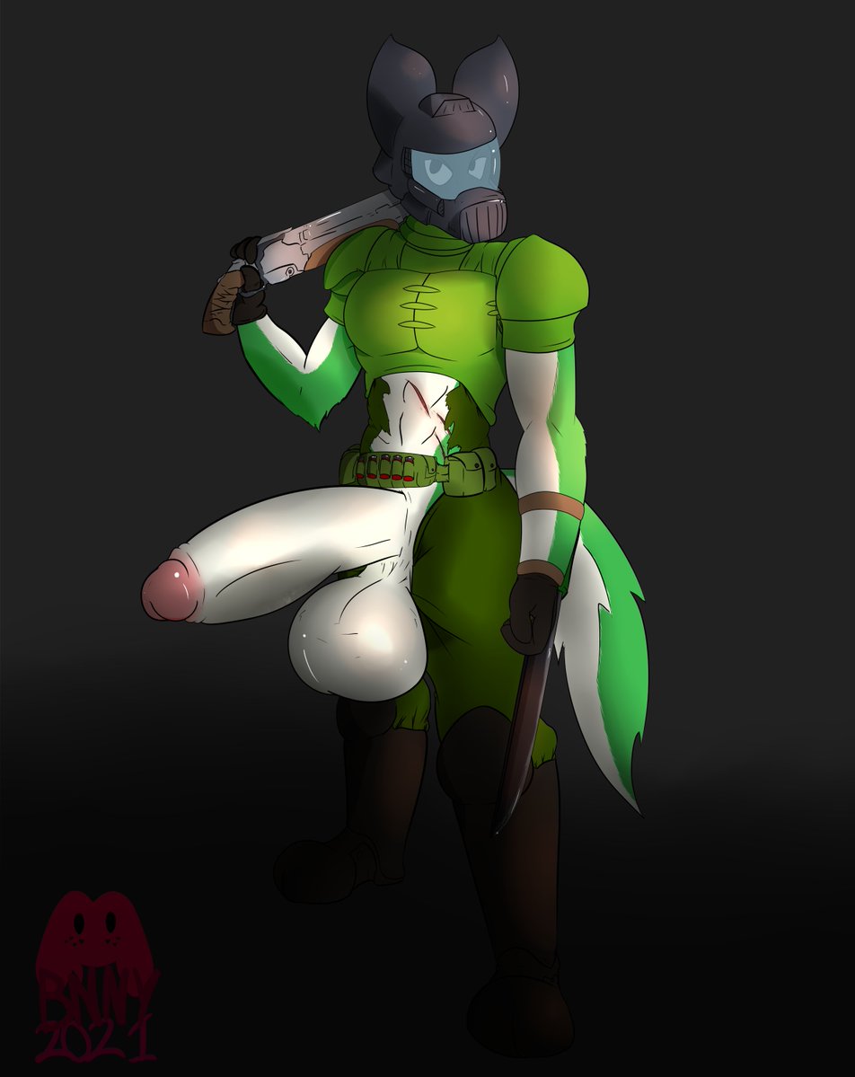 2021 anthro armor balls big_balls big_penis biped bottomwear brown_clothing canid canine canis cesar_(cesaroma71) clothing doom footwear fur genitals glans green_body green_clothing green_fur green_tail gun half-erect holding_gun holding_object holding_shotgun holding_weapon huge_balls huge_cock legwear male mammal pants penis pink_penis ranged_weapon scar signature solo succubusbnny tail topwear weapon white_balls white_body white_fur white_penis white_tail wolf