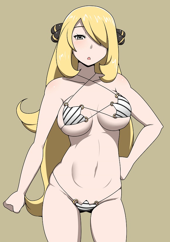 1girls bare_arms bare_legs bare_shoulders bare_thighs big_breasts blonde_hair breasts champion cynthia_(pokemon) female_only game_freak hair_over_one_eye hourglass_figure long_hair mantan nintendo pokemon pokemon_bdsp pokemon_dppt simple_background solo_female thick_thighs thighs