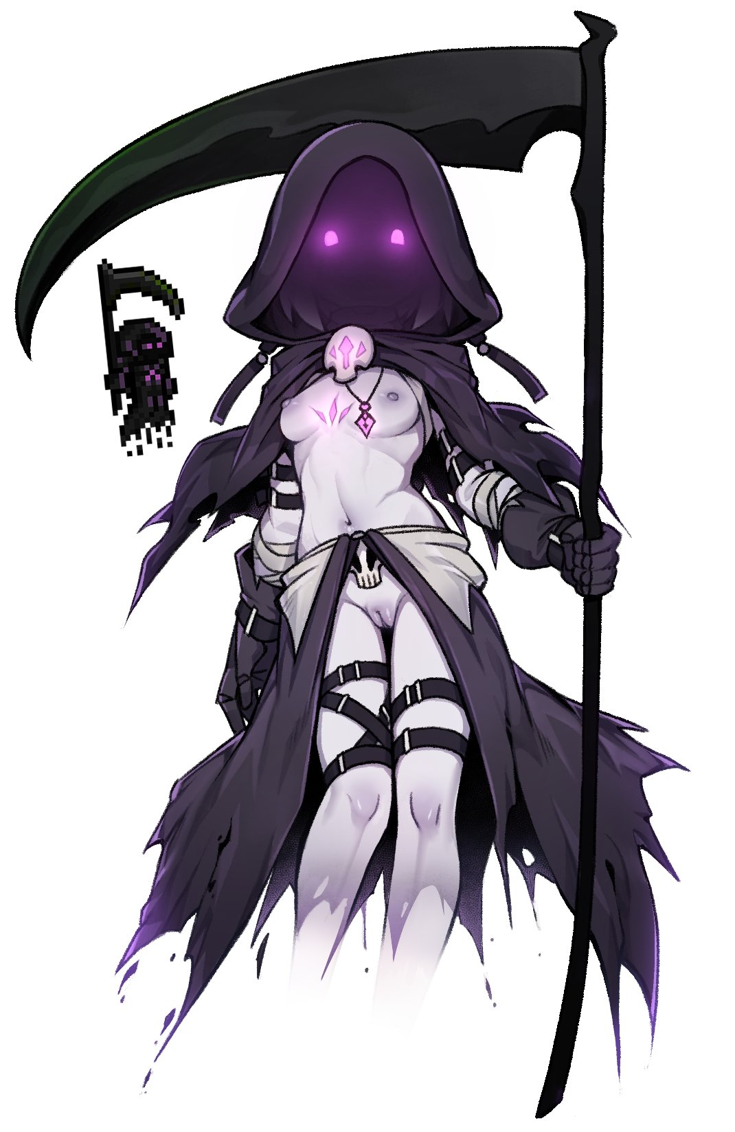 bandaged_arm bandages black_cloak black_gloves black_skirt breasts cloak contrapposto english_commentary female gloves glowing glowing_eyes grey_hair highres holding holding_scythe hood hood_up hooded_cloak jewelry looking_at_viewer midriff multiple_views navel necklace no_feet nyong_nyong petite purple_eyes purple_skin pussy reaper_(terraria) reference_inset scythe short_hair simple_background skirt skull small_breasts strap terraria thigh_strap torn_clothes white_background