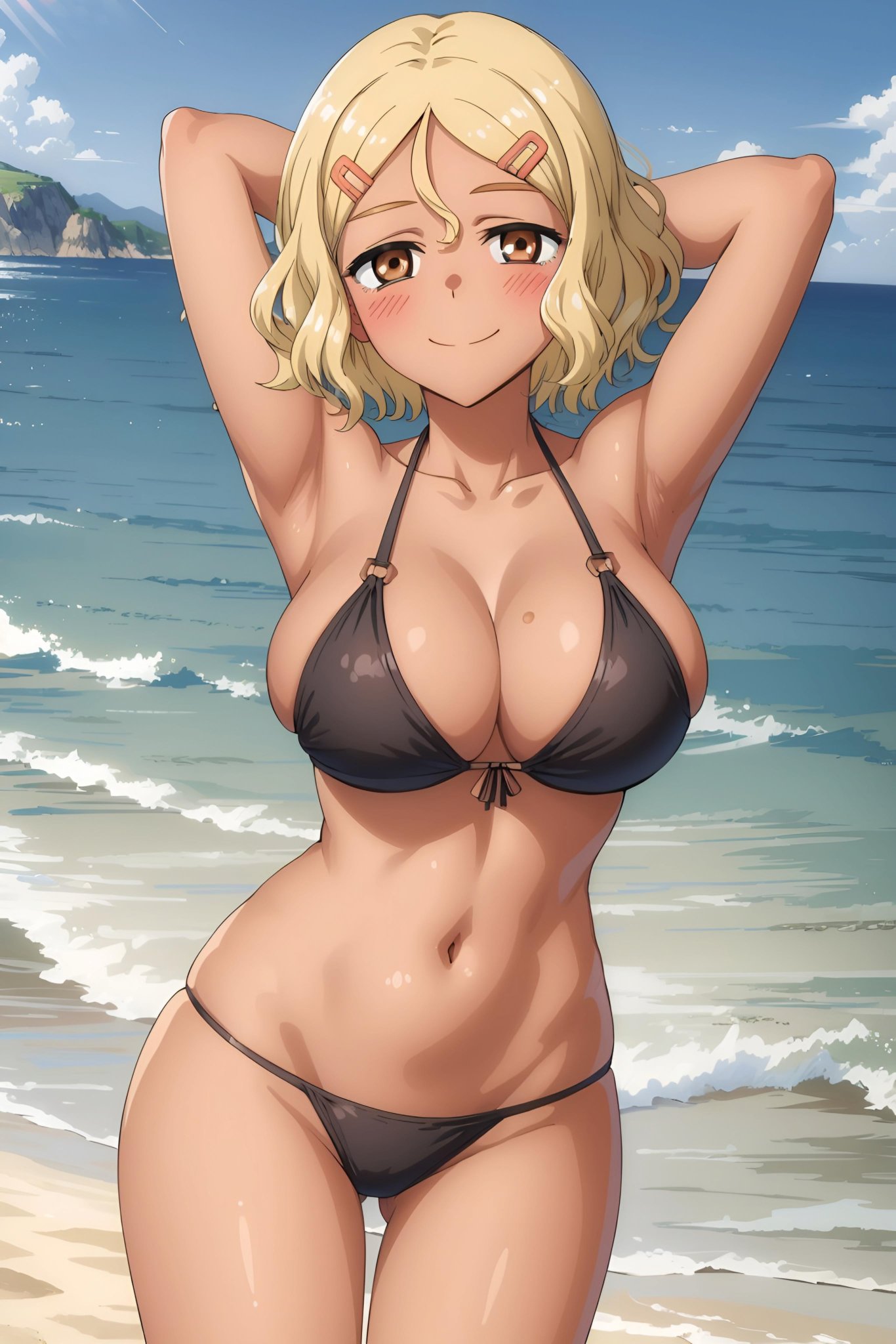 1girls ai_generated beach big_breasts bikini blonde_hair blush breasts clothed clothing curvy deinacht female female_focus female_only hi_res large_breasts looking_at_viewer medium_hair navel please_don't_bully_me,_nagatoro pose revealing_clothes sakura_(nagatoro) slim_waist smile solo tan tan-skinned_female tanned tanned_female tanned_skin teenage_girl teenager thick_thighs wide_hips