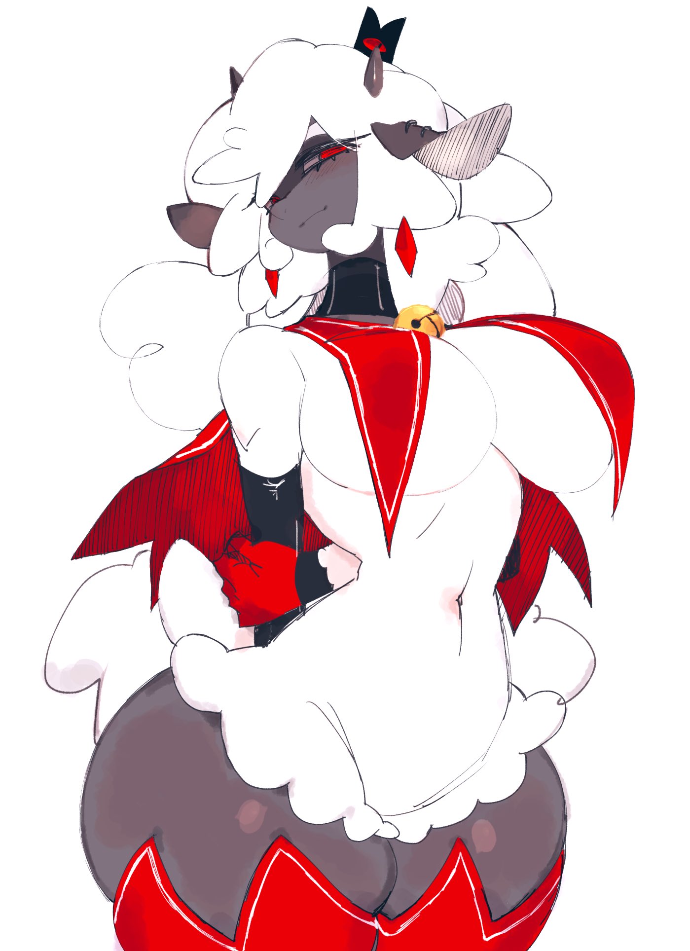 anthro, arm warmers, arms behind back, armwear, bell collar, belly button, big breasts, breasts, child bearing hips, choker, colored sketch, crown, cult of the lamb, digital art, digital drawing (artwork), ewe, female, hands behind back, horns, lamb (cult of the lamb), large breasts, lustful gaze, red gloves, sheep, sheep girl, slim waist, tagme, tagme (character), thick thighs, thighs, usa37107692, white fur, wide hips