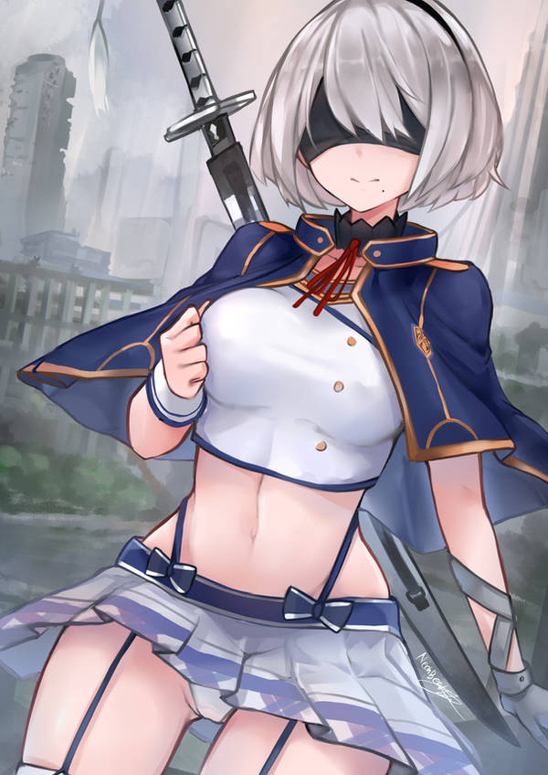 1girls, blindfold, blindfolded, breasts, capelet, city background, cosplay, crossover cosplay, female, female only, fully clothed, garter straps, hairband, ineonbeati, large breasts, midriff, miniskirt, mole, mole under mouth, navel, nier: automata, panties, revealing clothes, rokudenashi majutsu koushi to akashic record, school uniform, short hair, single glove, skirt, sword, thighhighs, weapon, white hair, white panties, yorha 2b