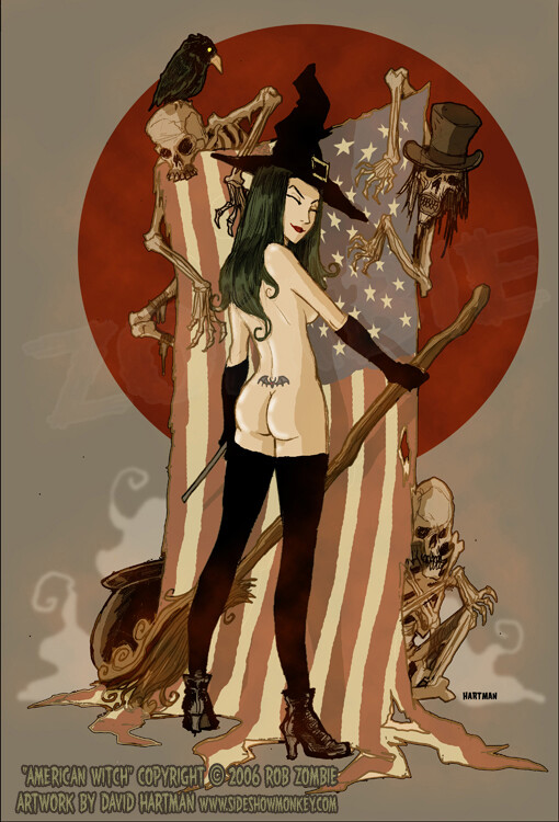 american_flag american_witch armwear ass breasts broom casual clothing convenient_censoring david_hartman earrings exposed_torso female green_hair headwear human legwear long_hair lower_back_tattoo official_art pale_skin pinup raven_(bird) rob_zombie sideshowmonkey skeleton tattoo witch witch_hat