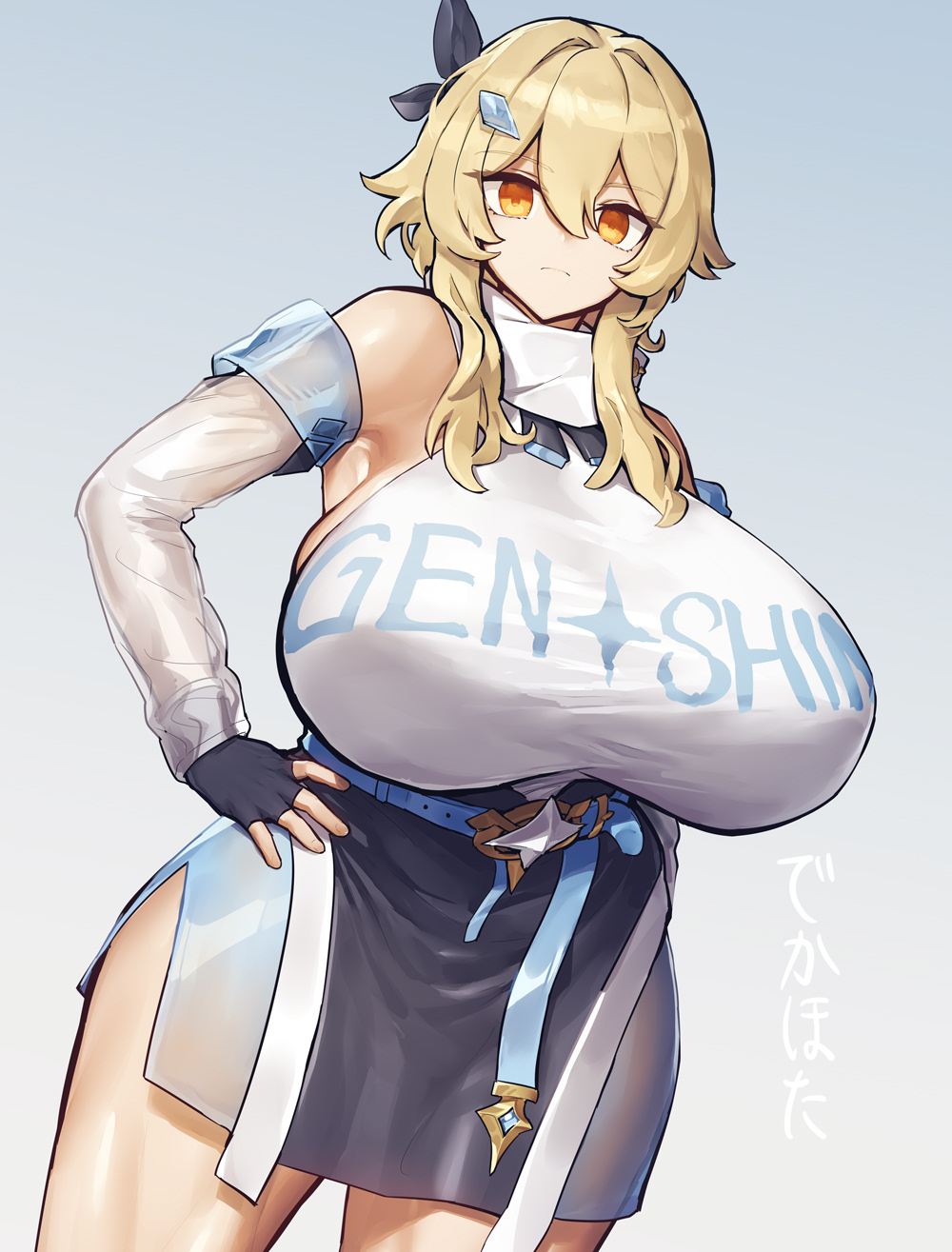 1girls big_breasts blonde_hair boobs clothed_female emotionless empty_eyes expressionless genshin_impact gloves hand_on_hip hoyoverse huge_breasts light-skinned_female looking_at_viewer lumine_(genshin_impact) melon22 melonnyinyi muscular_thighs see-through_clothing sideboob solo solo_female text text_on_clothing thighs yellow_eyes