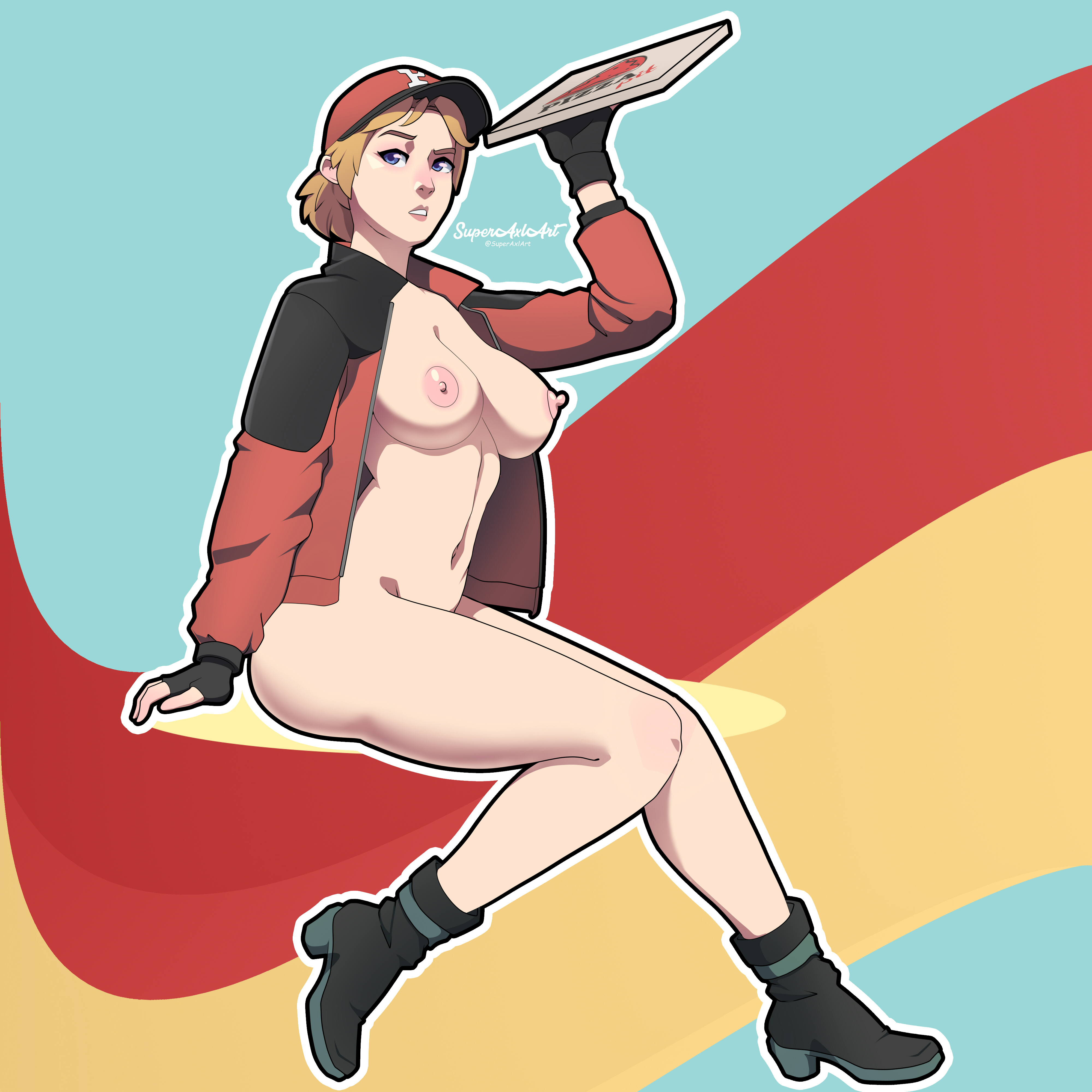 1girls, almost naked, almost nude, artist signature, blonde hair, blue eyes, breasts, breasts out, female, fortnite, functionally nude, gloves, hat, jacket, light skin, light-skinned female, nude, open jacket, pale skin, pale-skinned female, piper pace (fortnite), pizza box, red jacket, short hair, solo female, superaxlart, tomboy