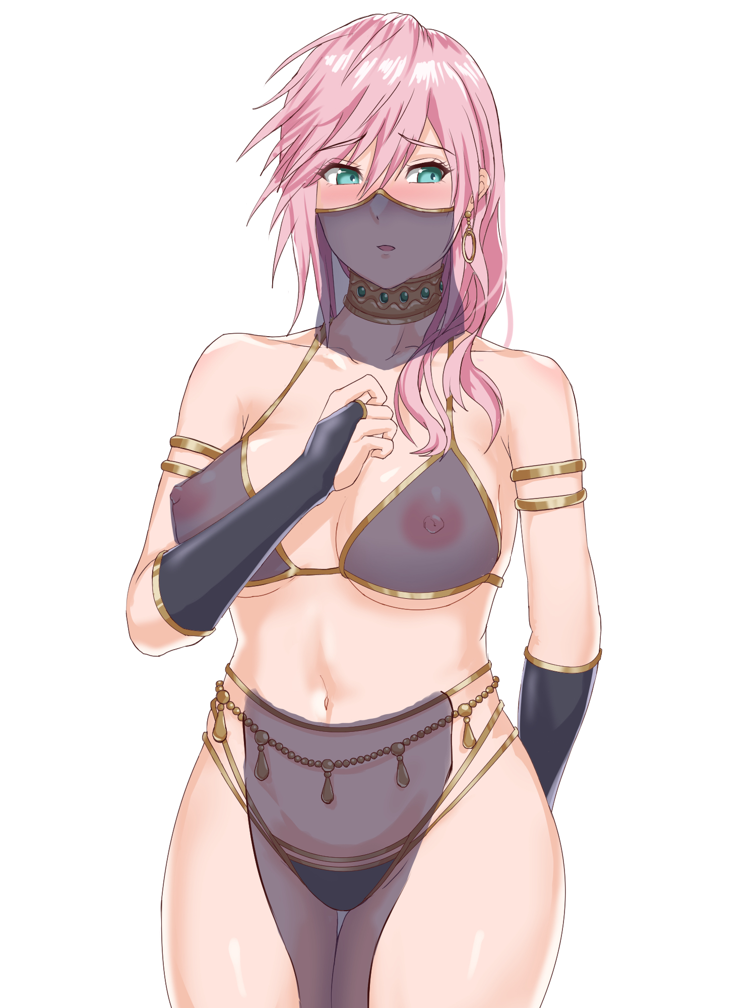 areolae, belly dancer, belly dancer outfit, big breasts, blue eyes, breasts, busty, chopin oekaki, earrings, eclair farron, female, female focus, female only, final fantasy, final fantasy xiii, harem, harem outfit, hourglass figure, long hair, nipples, nude, nude female, nudity, pink hair, pinup, pinup pose, slave bikini, tagme, thong, wide hips