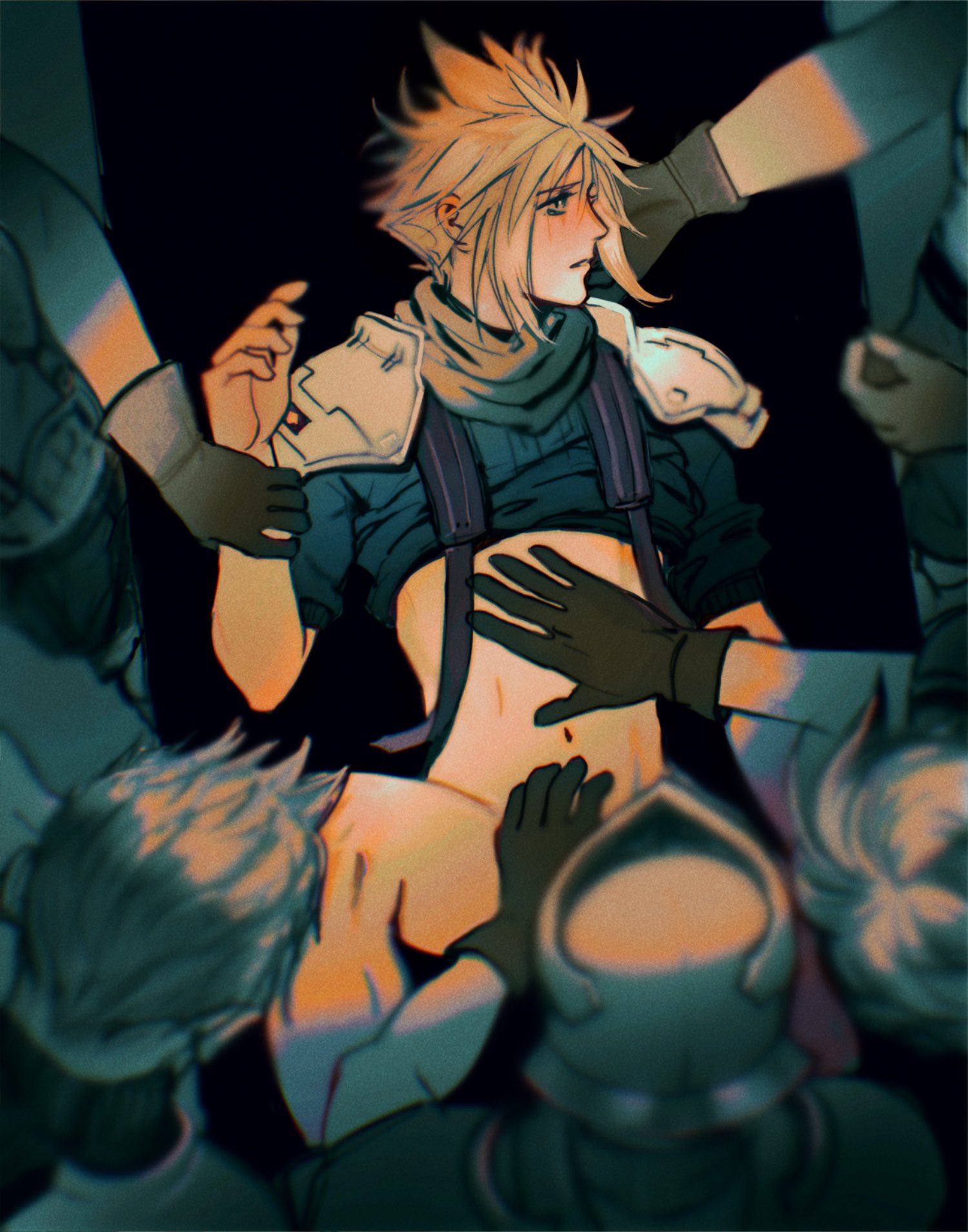 6+boys, black background, blonde hair, bottomless, chocobowings, cloud strife, color, convenient censoring, dubious consent, exposed, femboy, final fantasy, final fantasy vii, gangbang, gay, gloves, hand on chest, imminent gangbang, imminent rape, imminent sex, looking to the side, male, male/male, multiple boys, multiple males, no pants, pauldrons, shinra guard, shirt lift, spiky hair, square enix, tagme, worried, wrist grab, yaoi