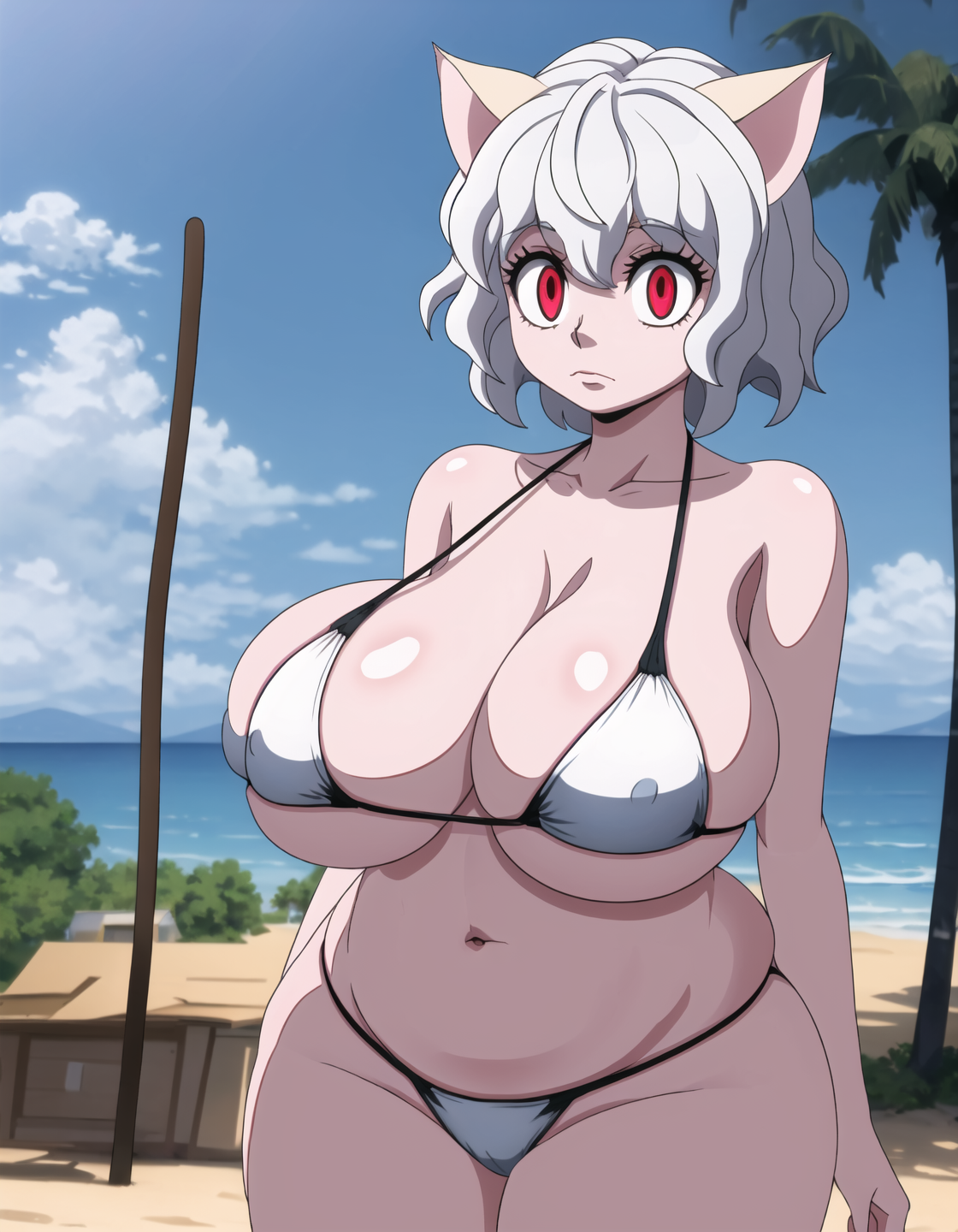 1girls, ai generated, animal ears, beach, bikini, breasts, cat ears, cat girl, chimera ant, covered nipples, curvy, female, female only, gardener ai, humanoid, hunter x hunter, large breasts, light skin, light-skinned female, neferpitou, pale skin, pale-skinned female, red eyes, seaside, short hair, shounen jump, skimpy, solo, stable diffusion, thick thighs, villainess, white bikini, white hair, wide hips