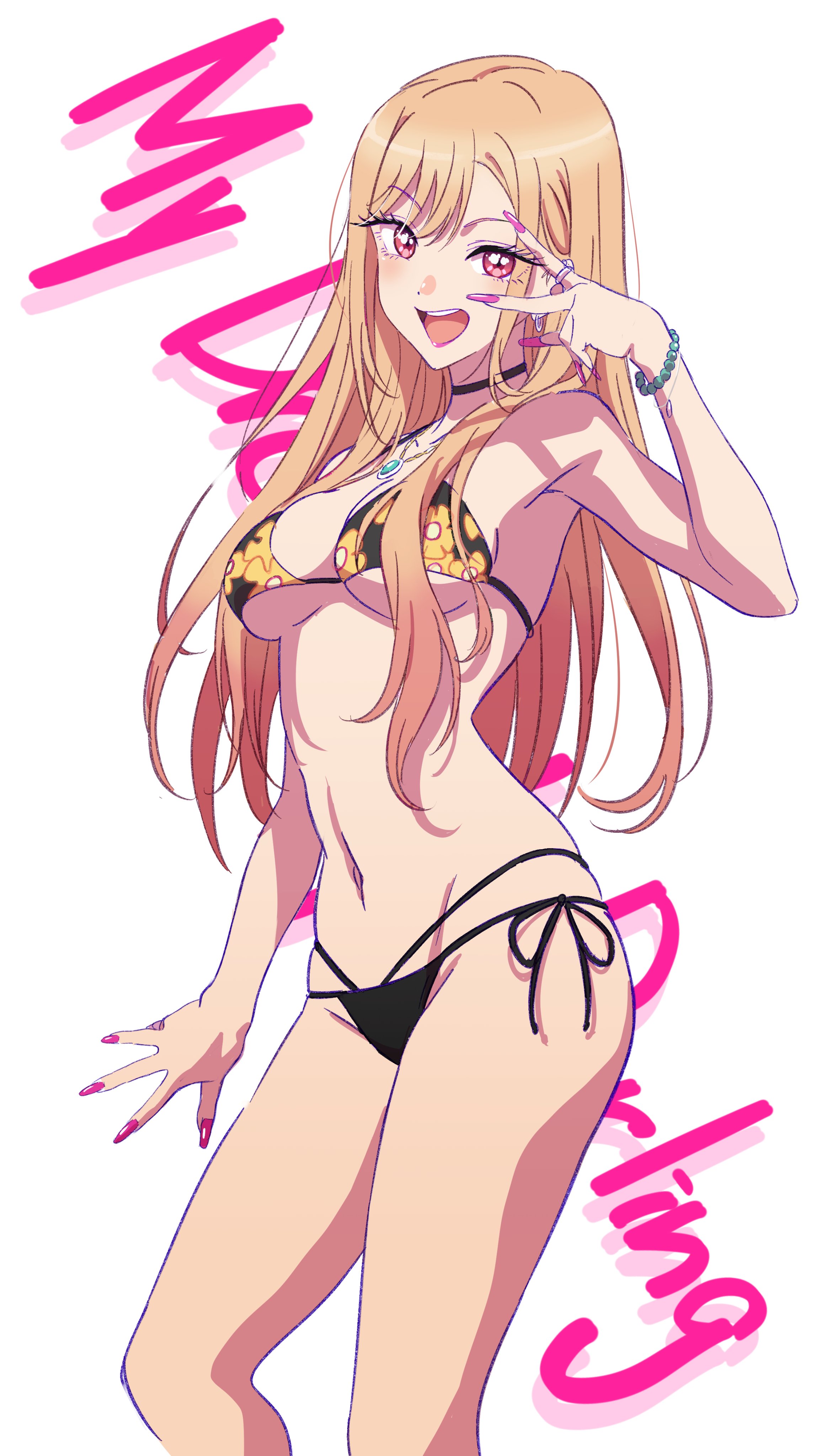 1girls, 2022, belly, belly button, bikini, bikini bottom, bikini top, blonde hair, bracelet, breasts, choker, cleavage, ear piercing, earrings, eyebrows visible through hair, eyes visible through hair, fake nails, female, gyaru, hand gesture, highres, kitagawa marin, lipstick, long fingernails, long hair, looking at viewer, nail polish, necklace, open mouth, pink fingernail polish, pink nail polish, pinup, pose, ring, sideboob, smiling, smiling at viewer, solo, solo female, solo focus, sono bisque doll wa koi wo suru, standing, teeth, text, thighs, white background, yamazaki jun