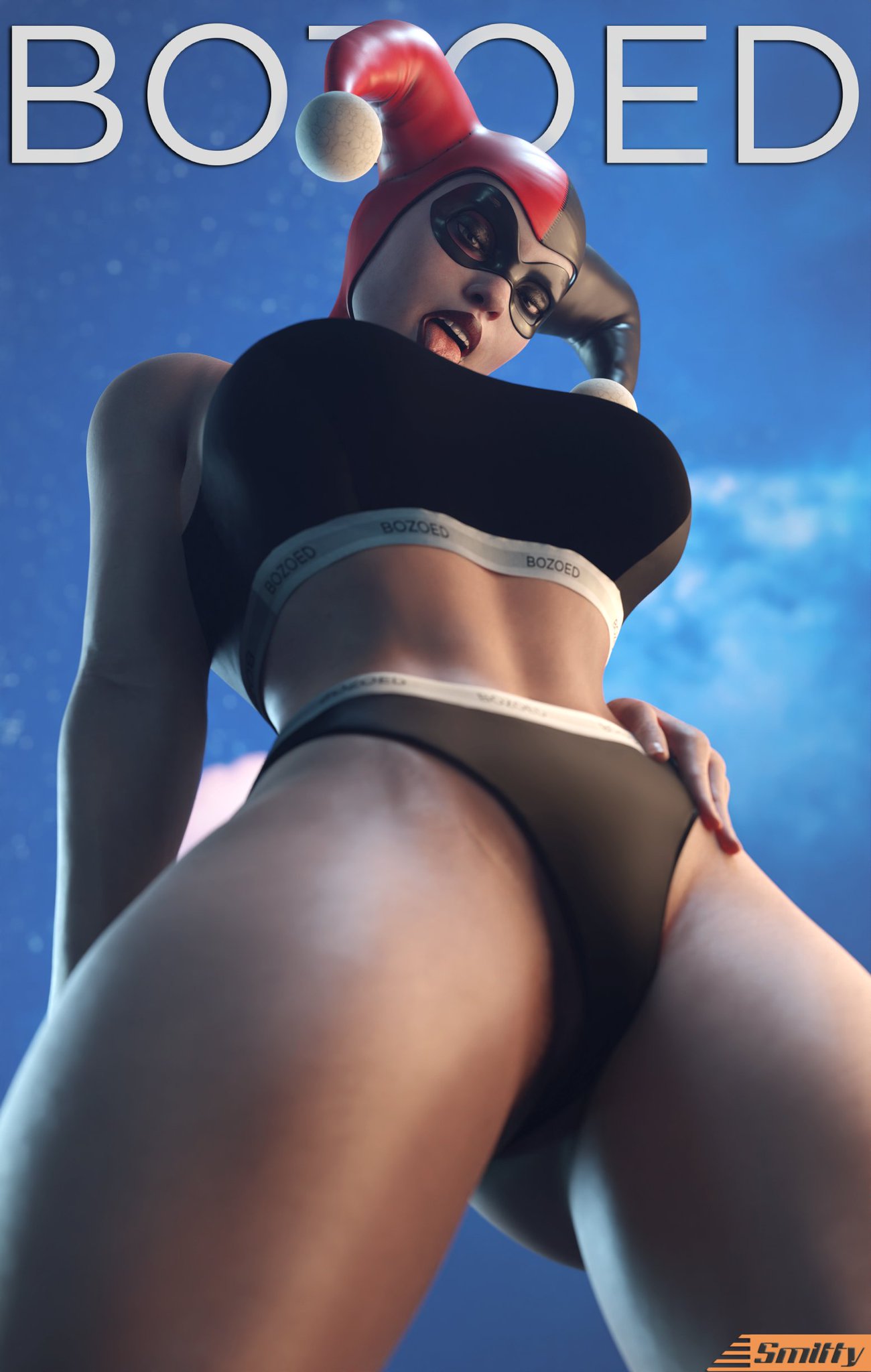 1girls, 3d, 3d (artwork), alternate version available, batman (series), batman: arkham knight, big breasts, blue eyes, bra, breasts, busty, clown, clown girl, curvaceous, curvy, curvy figure, dc, dc comics, dialogue, digital media (artwork), eyes, female, female only, harley quinn, harley quinn (classic), harley quinn (injustice), hips, hourglass figure, injustice 2, jester, jester cap, jester girl, jester hat, large breasts, light skin, light-skinned female, lips, low-angle view, magazine, magazine cover, panties, parody, slim waist, smitty34, solo, thick thighs, thighs, tongue, tongue out, villain, villainess