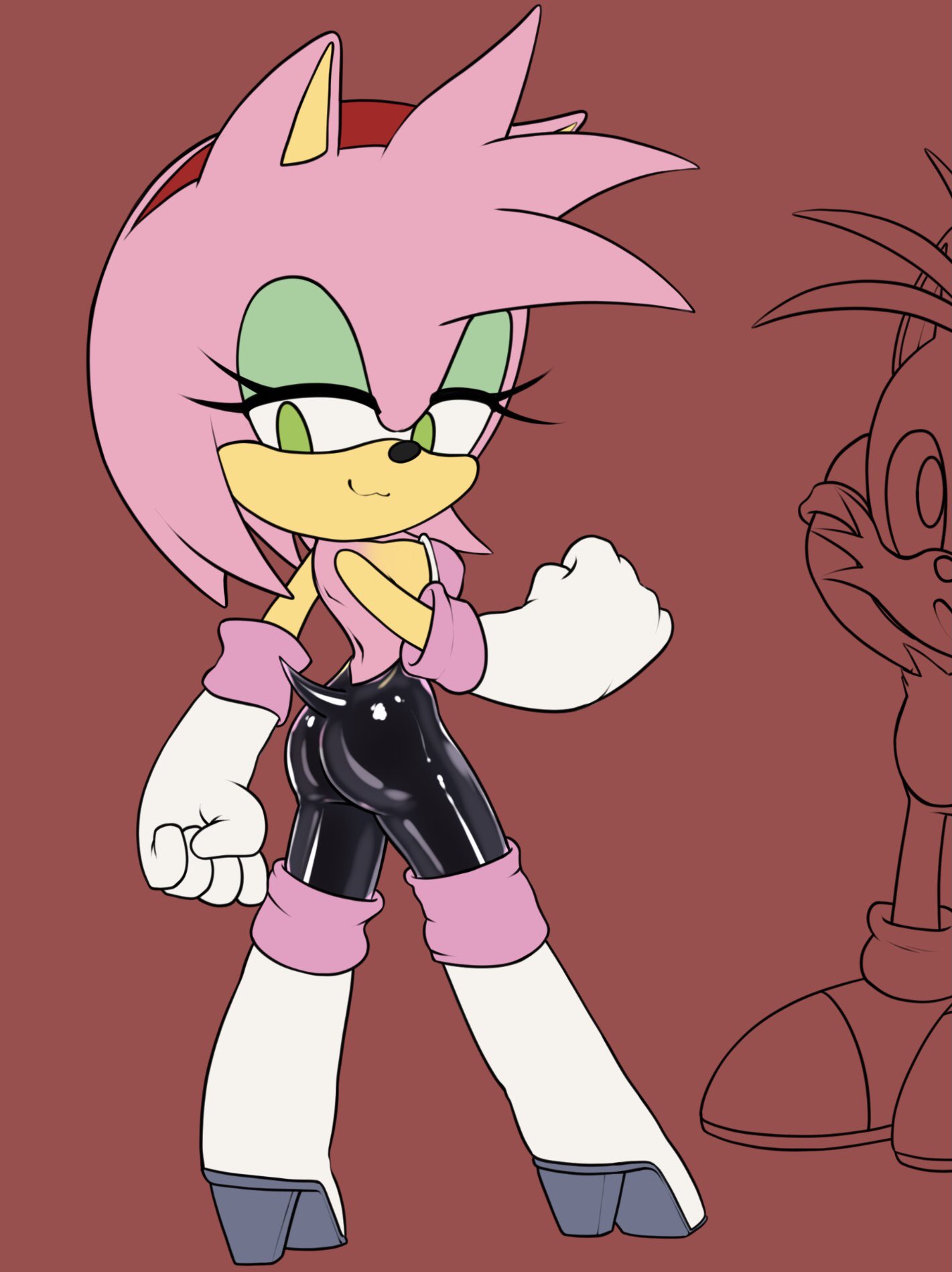 :3 amy_rose amy_the_bat ass bananagaari bodysuit boots breasts eyeshadow female furry gloves hairband high_heel_boots male sega sideboob sonic_(series) sonic_the_hedgehog_(series) tails