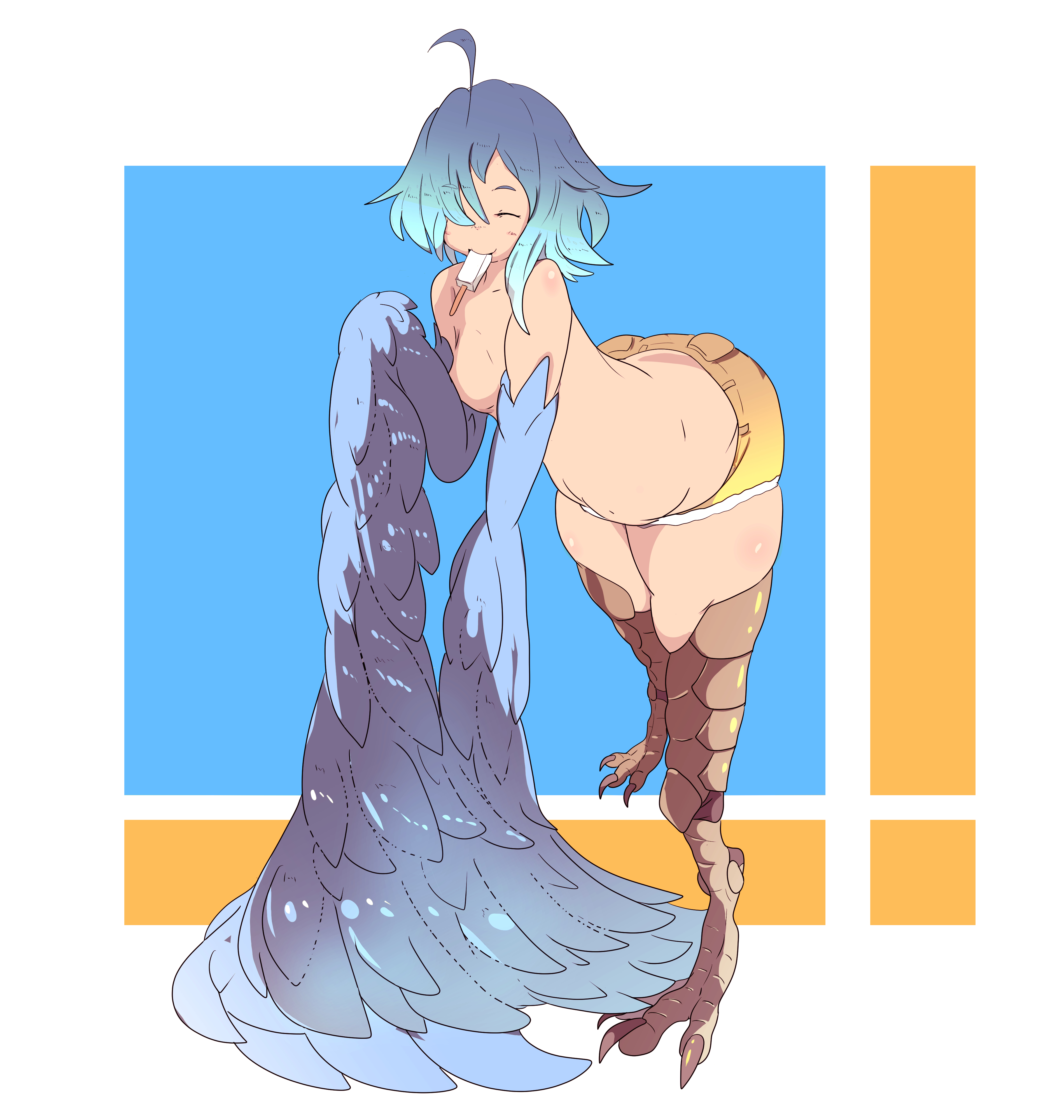 1girls, artist request, ass, booty shorts, bottom heavy, breasts, convenient censoring, female, female only, harpy, huge ass, huge thighs, monster girl, monster musume no iru nichijou, papi (monster musume), small breasts, solo, thick thighs, topless, topless female