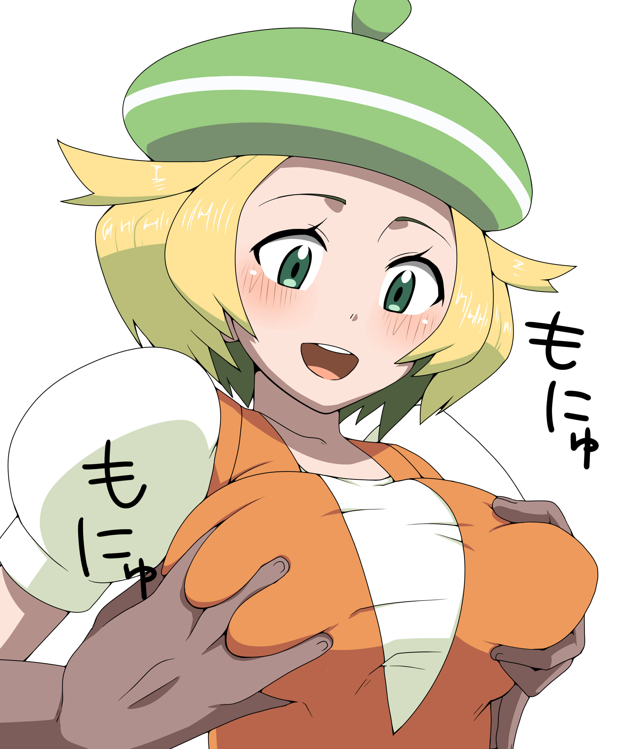 1boy, 1girls, bianca (pokemon bw), bianca (pokemon), big breasts, black pupils, blonde female, blonde hair, blonde-haired female, breast grab, breast grab from behind, breasts, clothed, dark green eyes, female, game freak, grabbing from behind, hat, huge breasts, male, male/female, mantan, nintendo, open mouth, pokemon, pokemon bw, pokemon bw2, short blonde hair, simple background, solo focus, trainer, upper body, white background