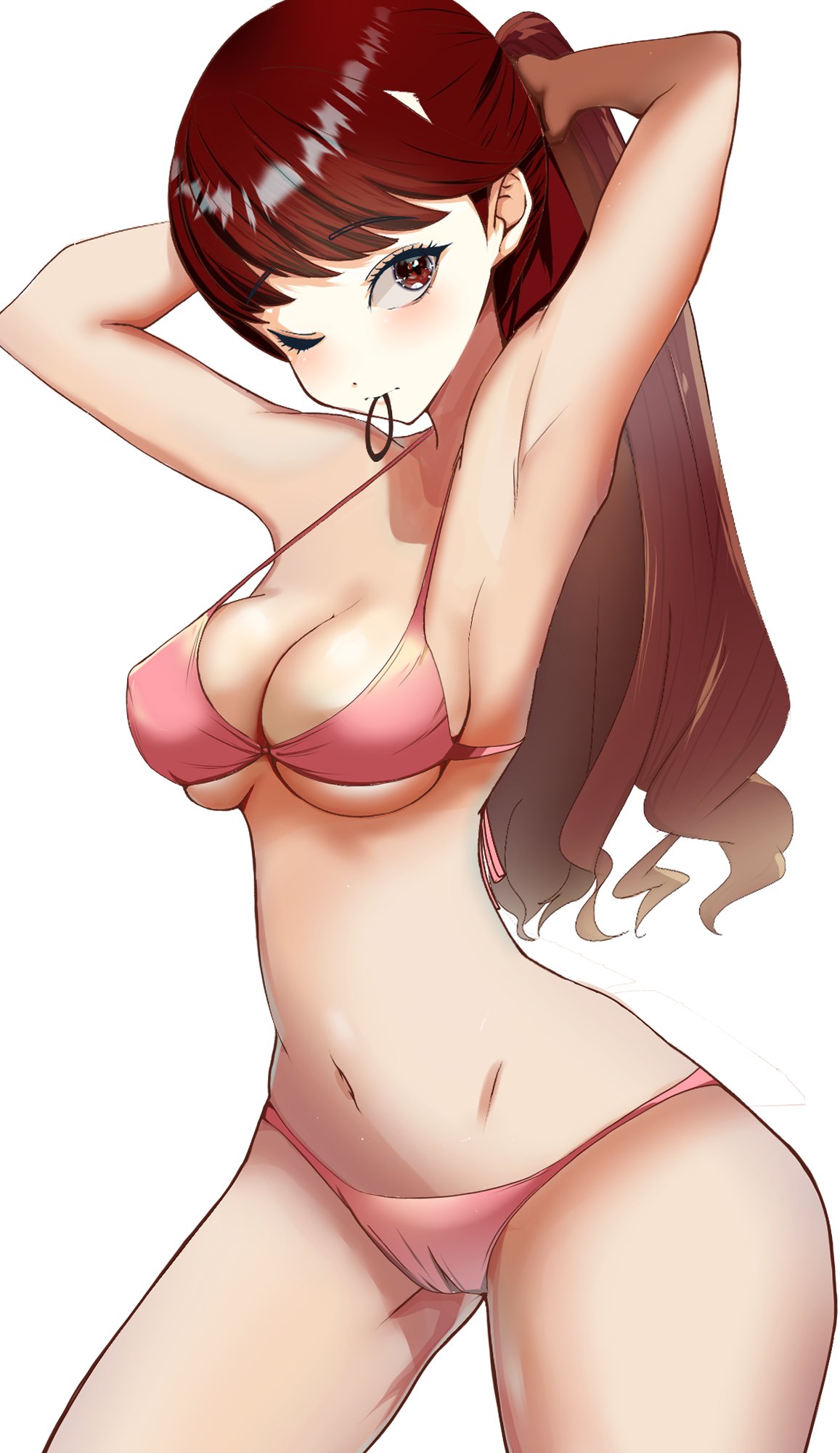 atlus, breasts, female, female only, kasumi yoshizawa, one eye closed, persona, persona 5, persona 5 royal, red hair, solo, sumire yoshizawa, takeminaieeru