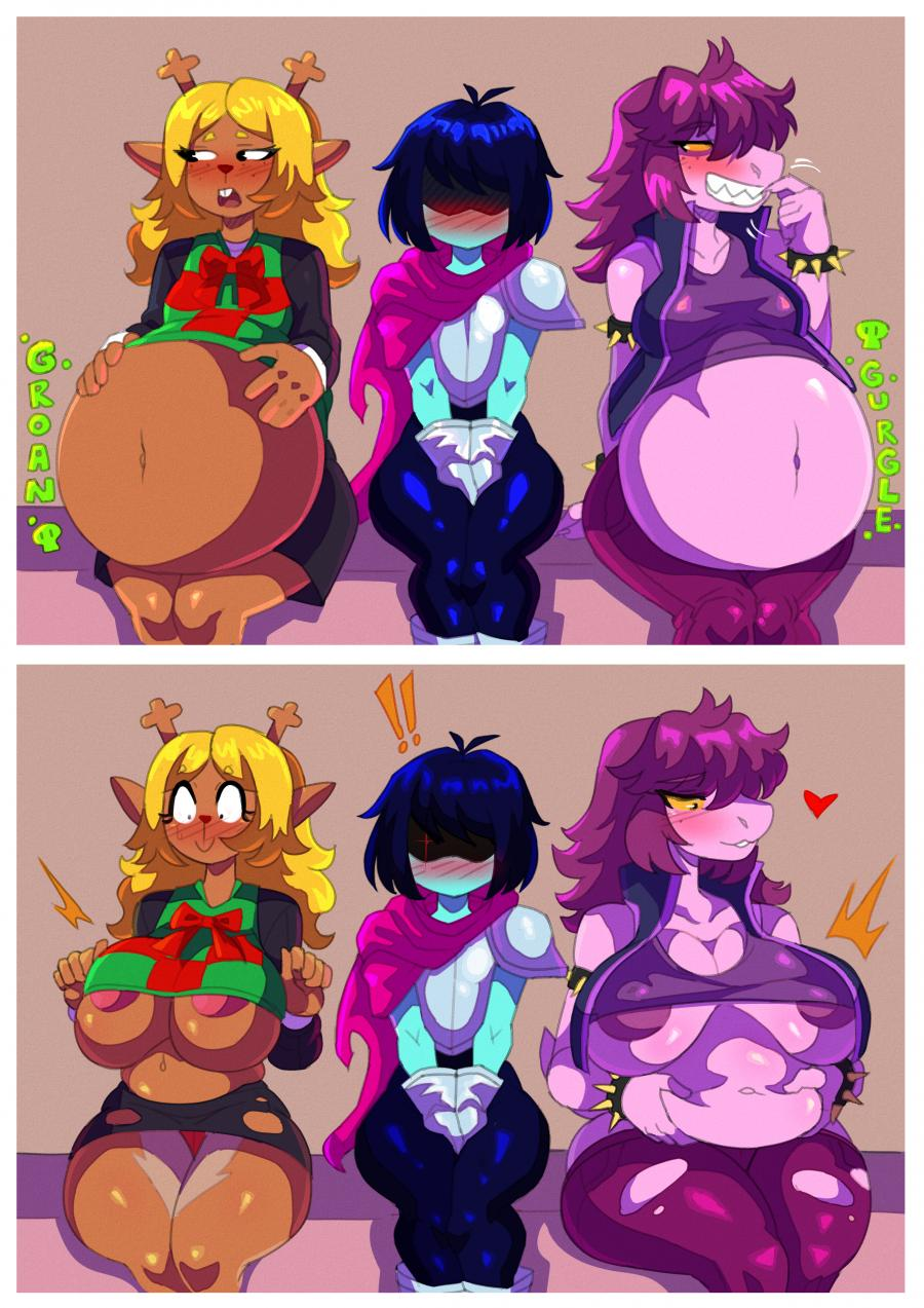 !! big_belly big_breasts blush chubby deer deltarune digestion huge_breasts kris_(deltarune) noelle_holiday sunnyhero susie_(deltarune) thick_thighs torn_clothes vore vore_belly