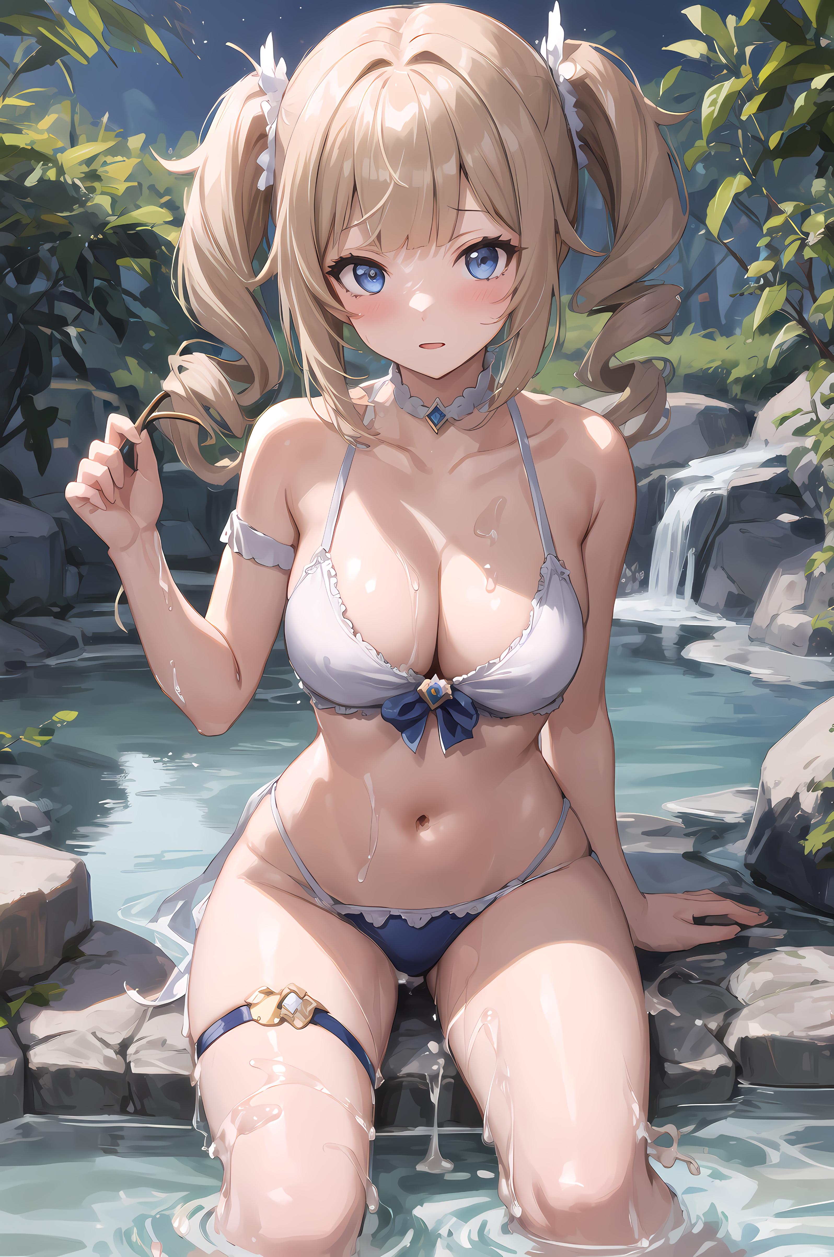 1girls, ai generated, barbara (genshin impact), blonde hair, blue eyes, blush, female, female only, genshin impact, nervous, solo, stable diffusion