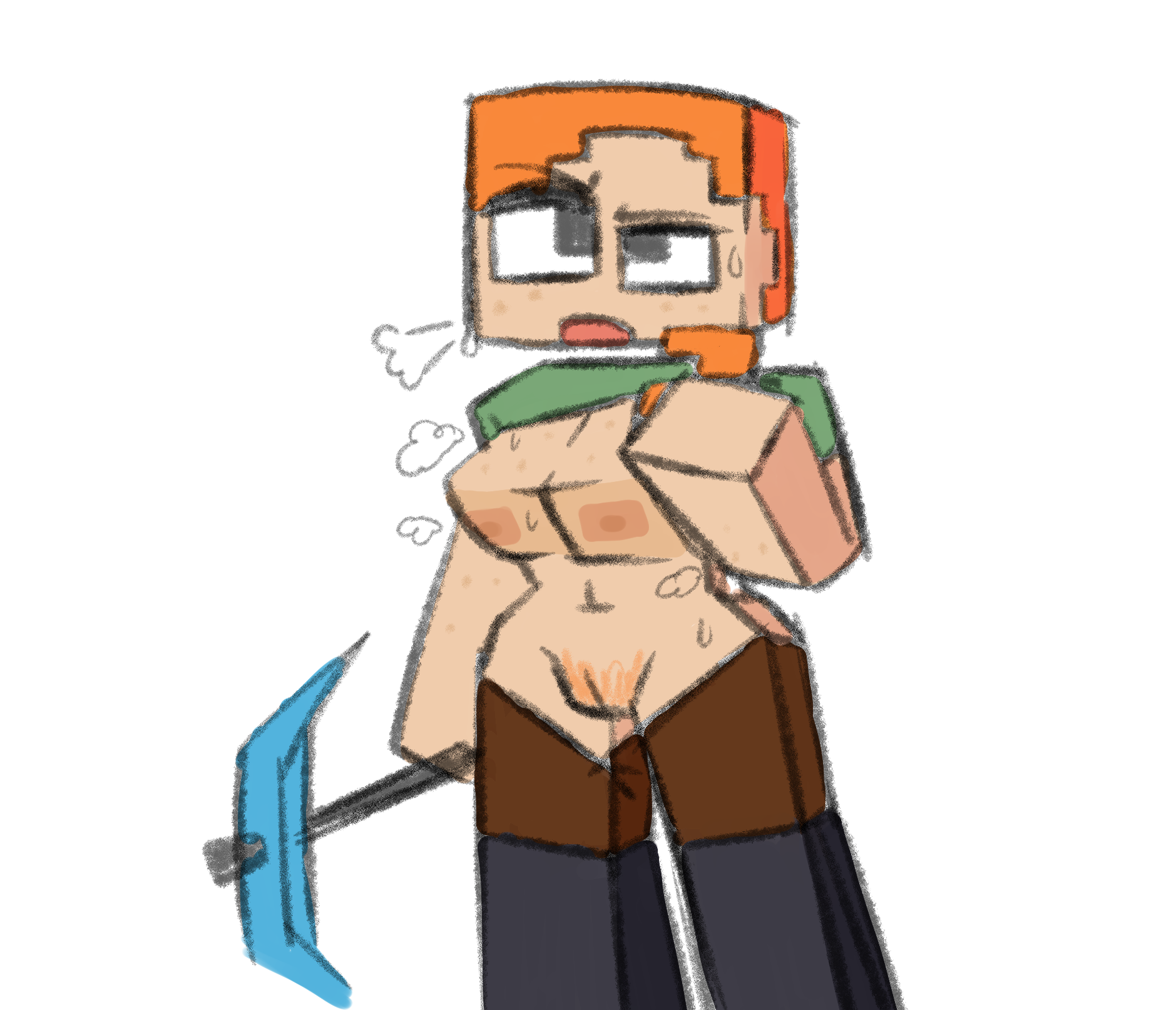 1girls, alex (minecraft), female, minecraft, orange hair, pubic hair, sirwillydingdong, square head, sweat