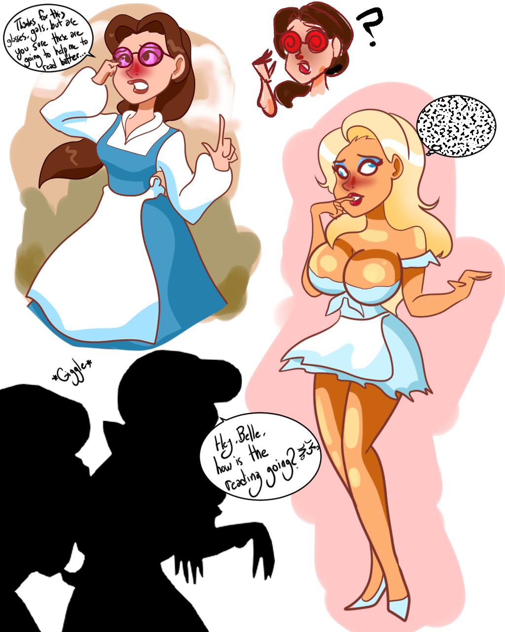 aliciadrawsbecause beauty_and_the_beast belle bimbo bimbofication blonde_hair brain_drain brown_hair disney disney_princess english_text hypnotic_visor text the_bimbettes the_triplets