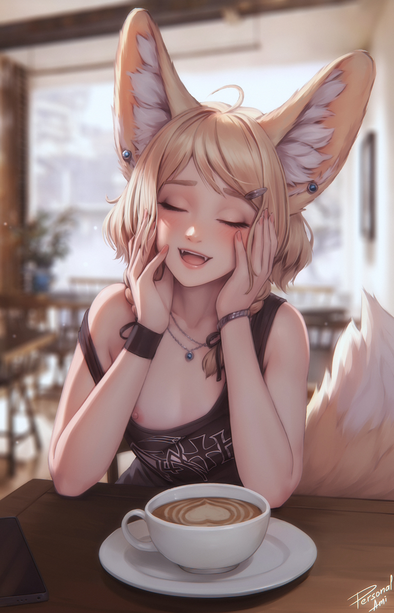 1girl 1girls ahoge animal_ears black_hair_ornament black_ribbon blurred_background blushing bracelet breasts cafe cellphone closed_eyes coffee coffee_art coffee_mug creamer cute date detailed_background elbows_on_table eyes_closed fangs female female_only fox_ears fox_girl hairclip heart jewelry khiara_(personalami) nipple_slip original pale_skin personalami pov small_breasts tagme true_flat_chest wholesome