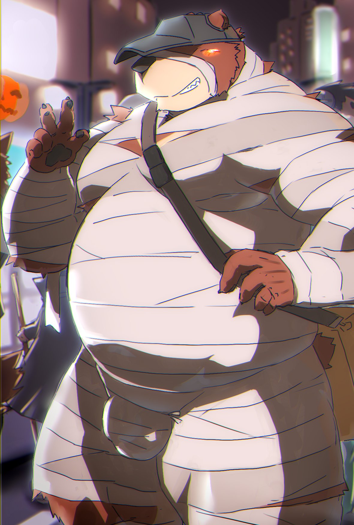 2023 anthro bear belly big_belly blush brown_body bulge clothing detailed_background halloween hat headgear headwear hi_res holidays humanoid_hands kemono kisukemk777 male male_only mammal mummy_costume outside overweight overweight_male solo solo_male