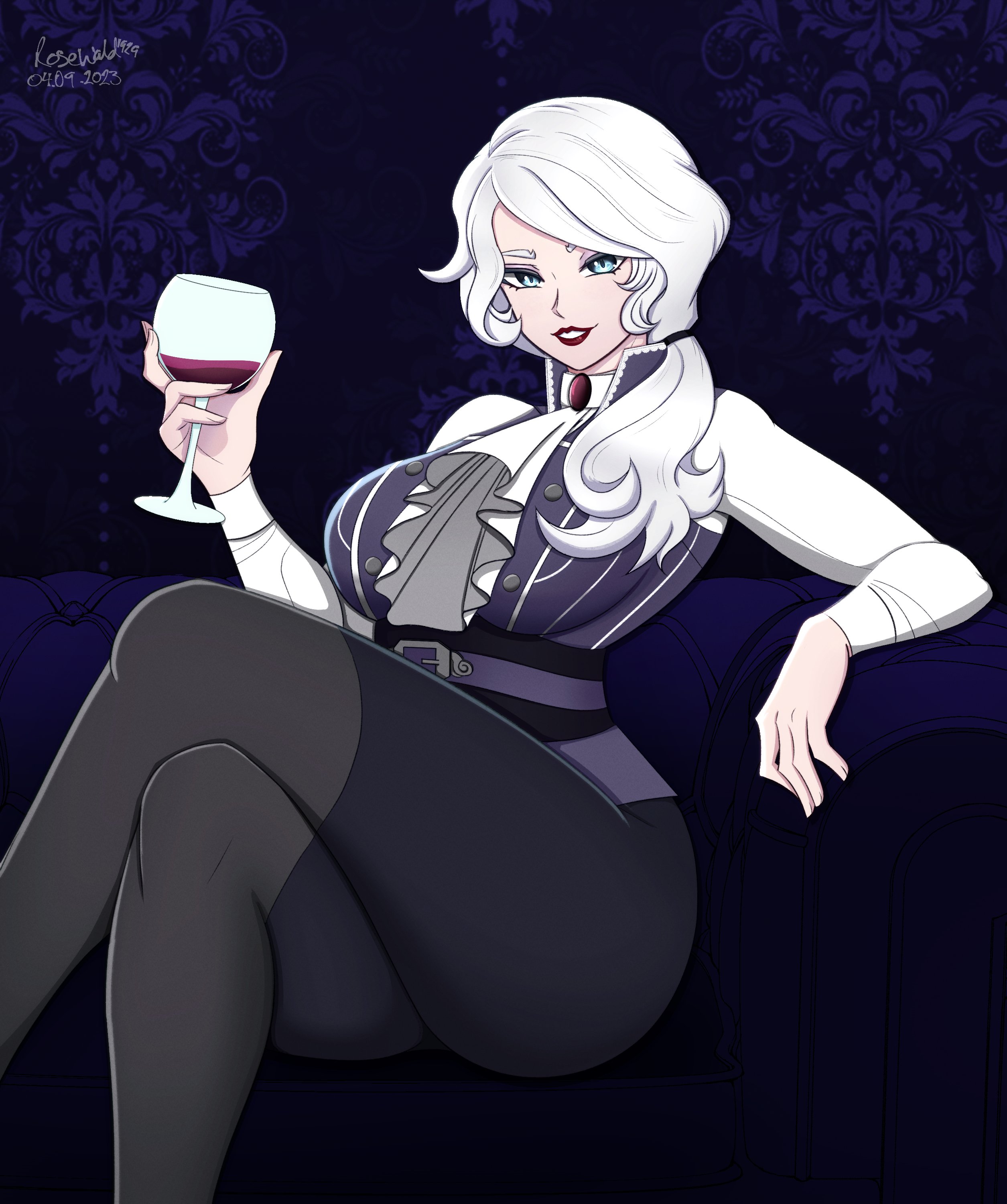 1girls, 2023, 2d, 2d (artwork), alcohol, artist name, dated, female, female only, looking at viewer, mature female, milf, ponytail, questionable, rosewald1929, rwby, seductive, sfw, smile, solo, solo female, willow schnee, wine, wine glass