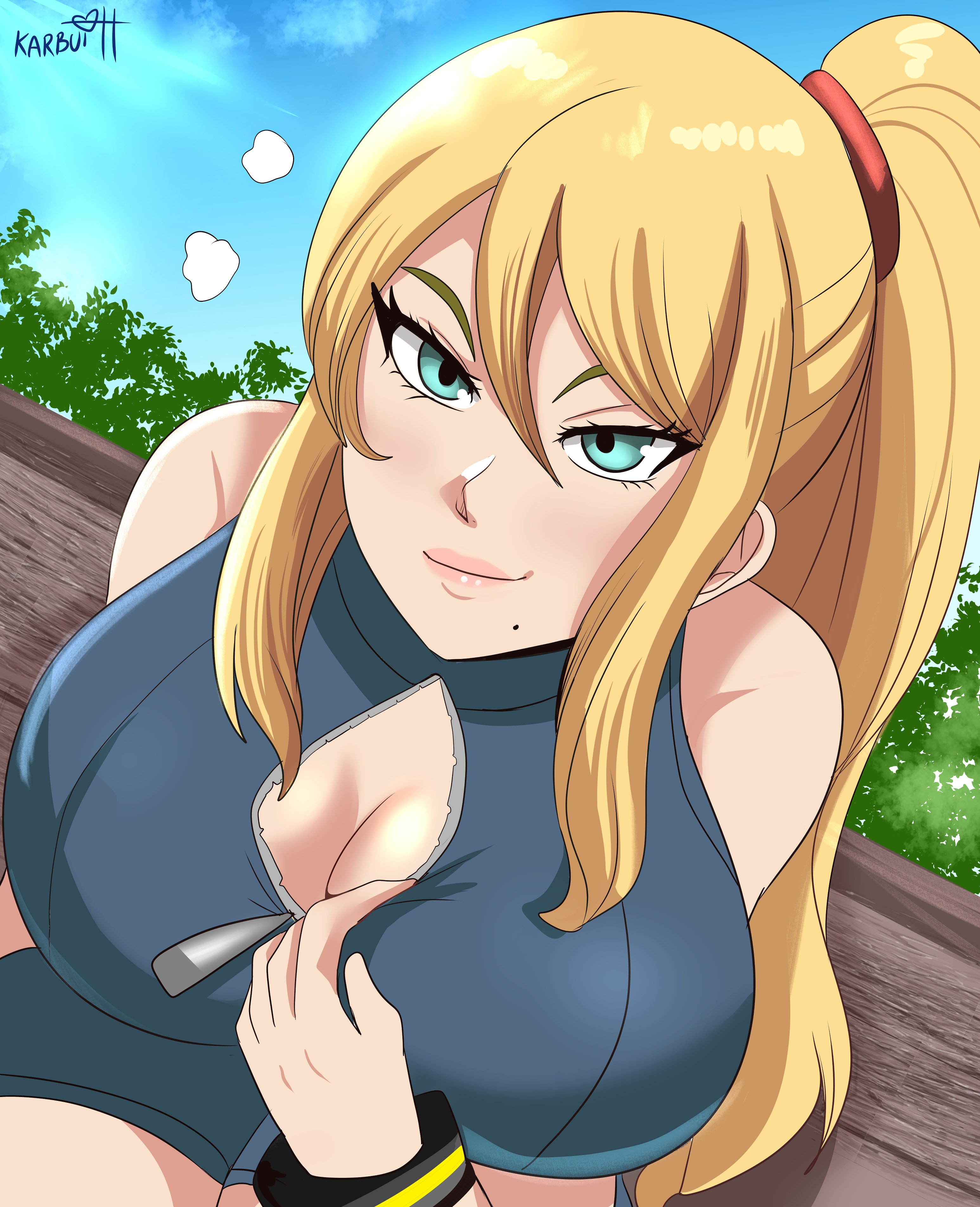 1girls, 2023, absurd res, aqua eyes, artist name, beauty mark, big breasts, blonde hair, breasts, casual outfit (metroid), cleavage cutout, female, female only, hand on breast, karbuitt, light skin, light-skinned female, lips, long hair, looking at viewer, metroid, mole, mole under mouth, nintendo, ponytail, samus aran, smiling, smiling at viewer, solo, tagme