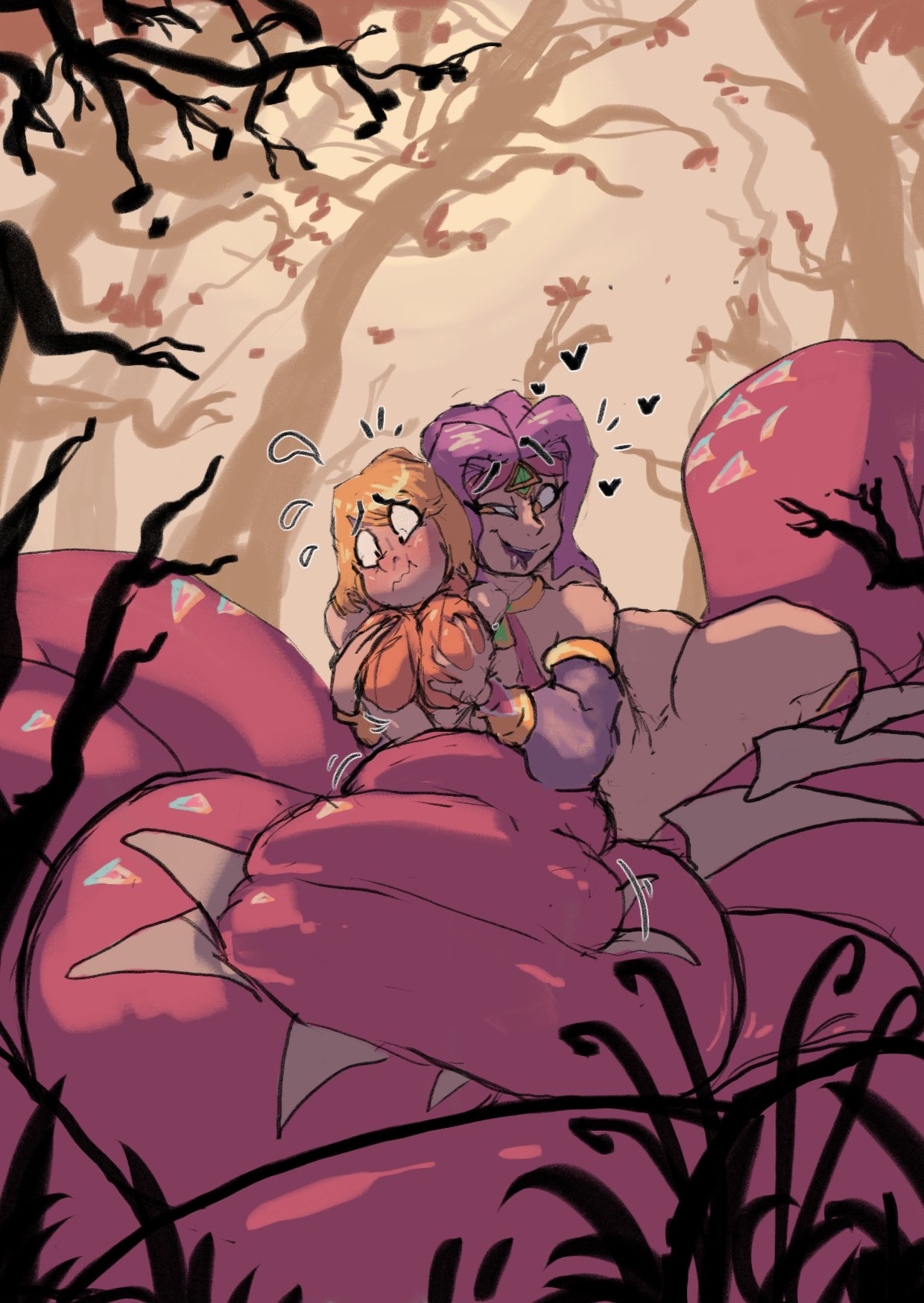 2girls, ashley graham, ashley graham (ella freya), ass, big breasts, blonde hair, blush, breasts, breasts pressed together, capcom, coiling, djuuicebox, female, female only, from behind, grabbing breasts, grabbing from behind, groping, heart, hi res, lamia, lesbian, naga, purple hair, resident evil, resident evil 4, smile, snake, wavy mouth, yuri