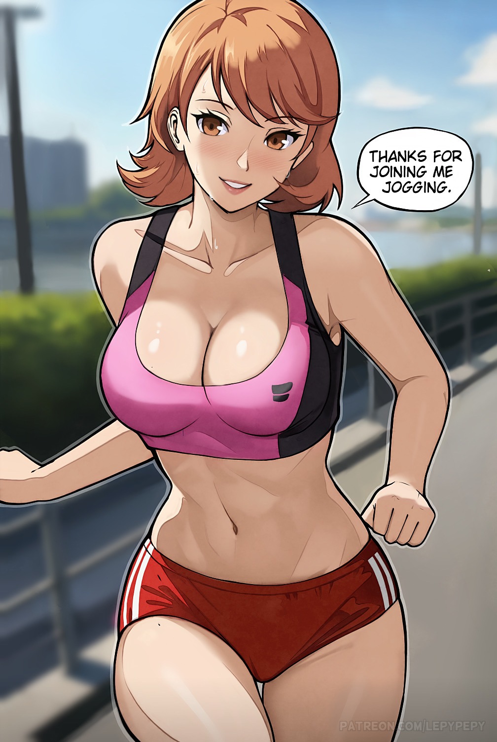 1girls ai_assisted ai_generated atlus bloomers breasts brown_eyes brown_hair dialogue english_text female large_breasts lepypepy light-skinned_female midriff persona persona_3 short_hair sports_bra sportswear sweat sweatdrop yukari_takeba