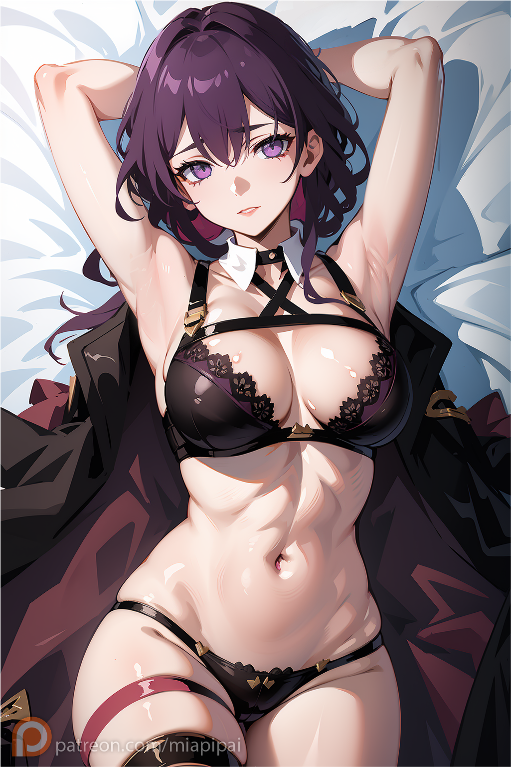 1girls ai_generated armpits bed belly boobs bra busty female game honkai:_star_rail kafka_(honkai:_star_rail) miapipai navel sexy_armpits solo stable_diffusion thick_thighs thighs underwear