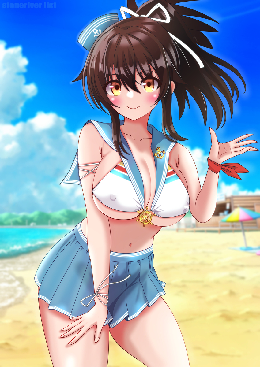 asuka_(senran_kagura) beach beach_umbrella bikini blush brown_eyes brown_hair cleavage cloud covered_nipples hair_ribbon large_breasts looking_at_viewer sailor_hat sailor_uniform senran_kagura skirt sky smile stoneriver