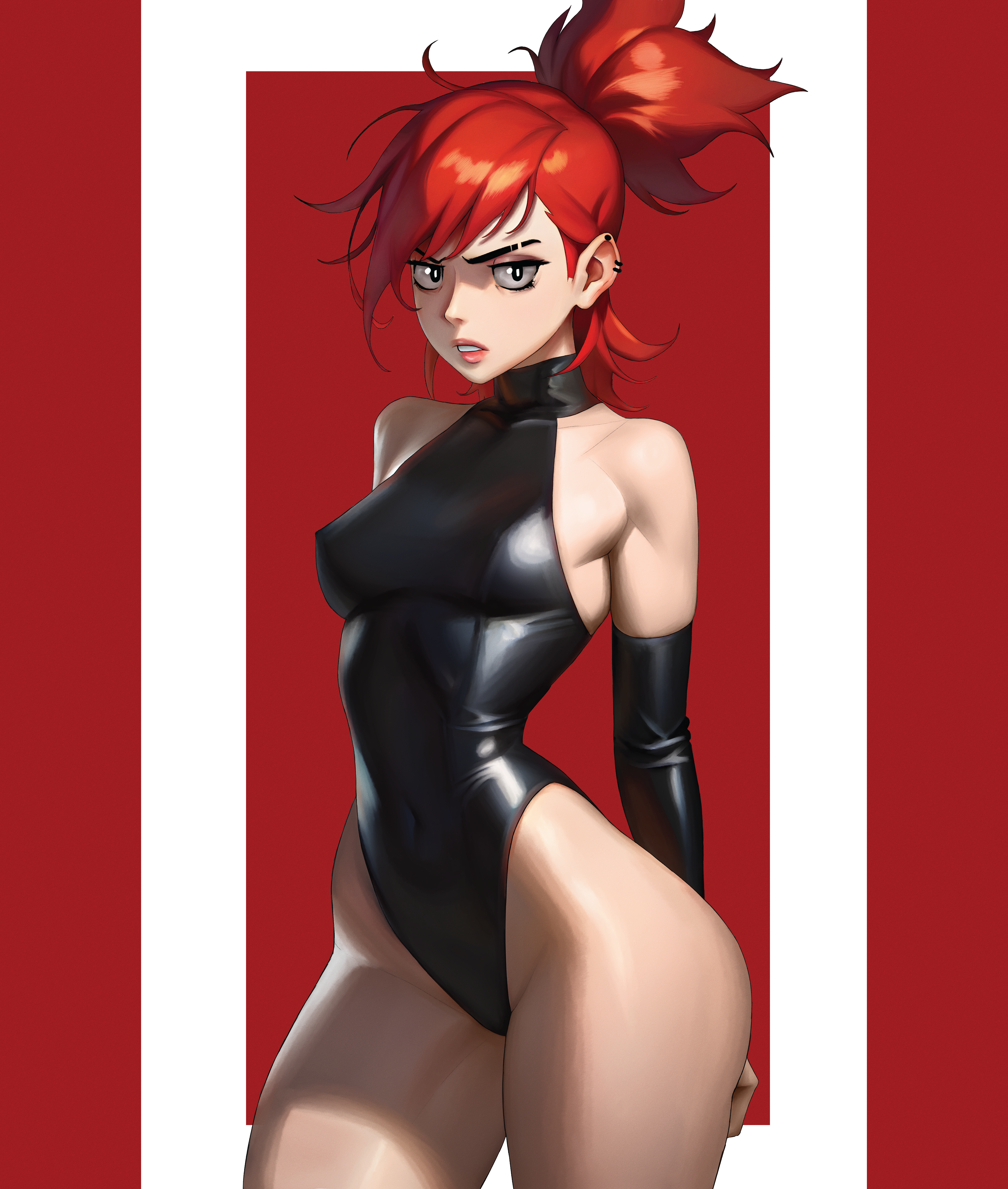 absurd res, black eyes, breasts, female, foster's home for imaginary friends, frankie foster, hi res, highres, latex, latex armwear, latex clothing, latex gloves, latex leotard, latex suit, leotard, muse (unionguy), red hair, small breasts, thick legs, thick thighs, unionguy