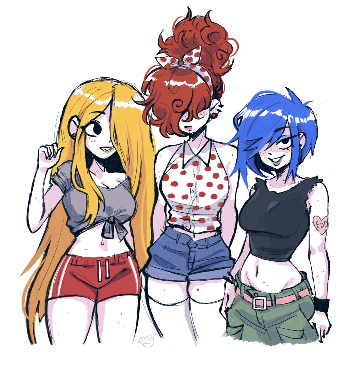 2020s, 2023, 3girls, artist signature, belly button, black nails, blonde hair, blue hair, bracelet, cartoon network, clothing, crop top, ear piercing, ed edd n eddy, female, female only, freckles, hair over eyes, hair over one eye, human, kanker sisters, lee kanker, long hair, looking at viewer, marie kanker, may kanker, megrocks, nail polish, pale skin, piercing, ponytail, red hair, short hair, shorts, smile, tattoo, thighhighs, tied shirt, white background, white legwear