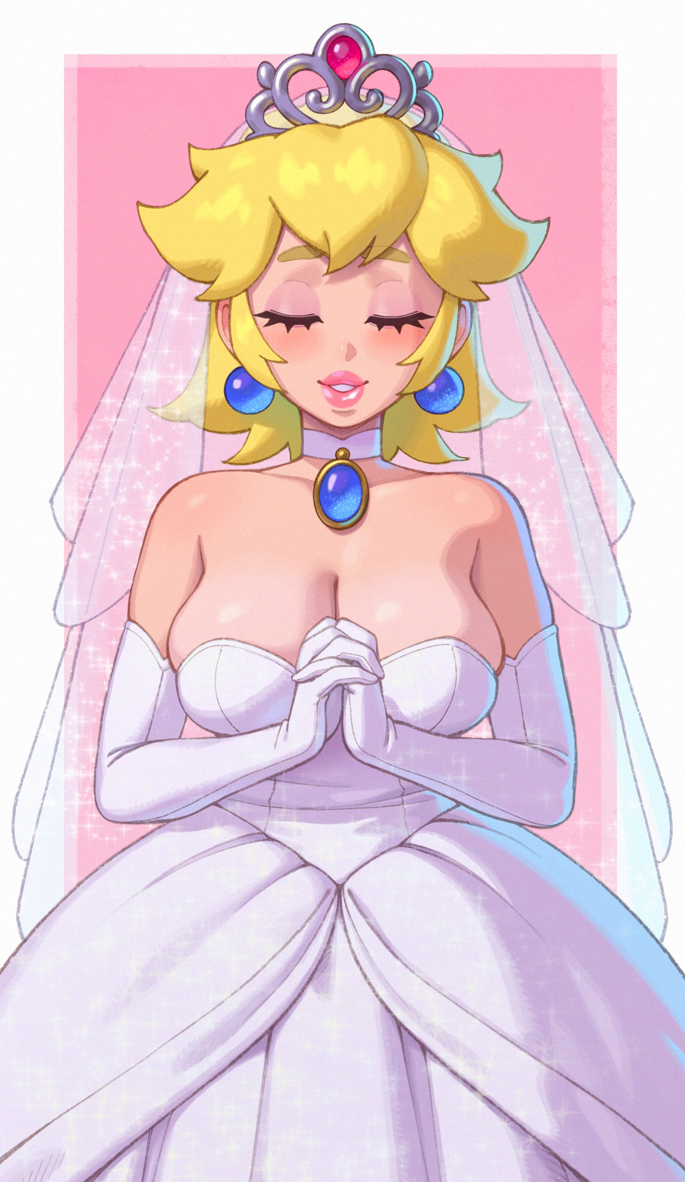 1girls, 2023, arm gloves, big lips, blonde hair, blush, breasts, cleavage, closed eyes, closed eyes smile, crown, dress, earrings, female, female focus, female only, hands together, hi res, kissable lips, lips, lipstick, mario (series), nintendo, pink lips, pink lipstick, princess peach, rizdraws, smile, solo, super mario odyssey, thick lips, wedding dress, wedding peach (super mario odyssey), wedding veil