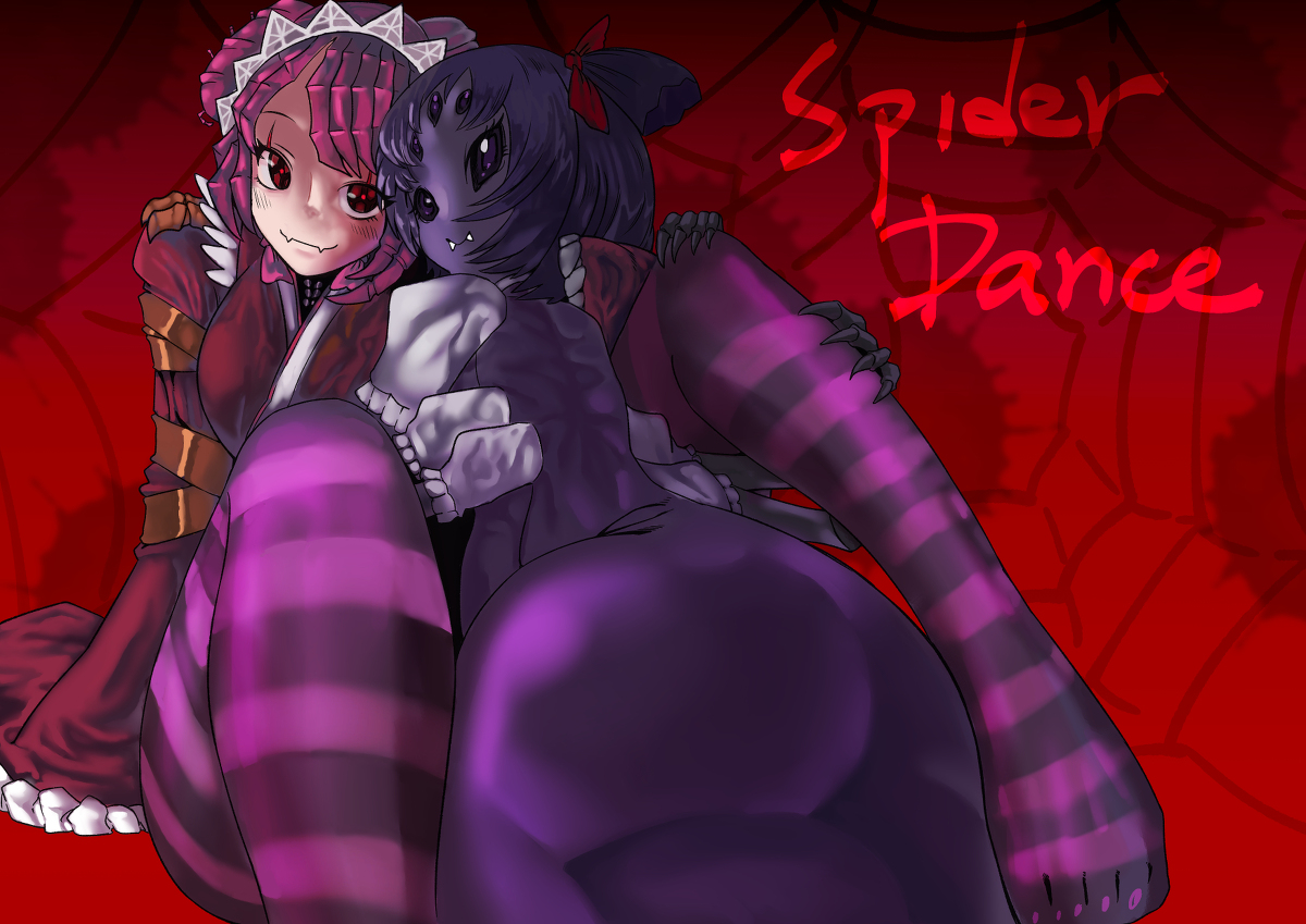 2girls, arachnid, arachnid humanoid, ass, big ass, big butt, clothing, crossover, entoma vasilissa zeta, female, female only, fully clothed, hair ornament, insects, lemonbizate (artist), looking at viewer, looking back, looking back at viewer, muffet, multi arm, multi eye, multi limb, overlord (maruyama), spider, stockings, tagme, thick thighs, undertale, undertale (series)