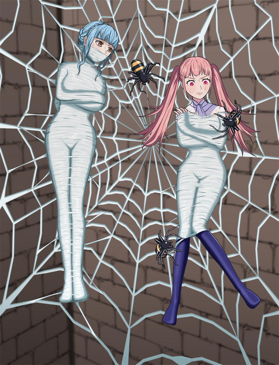 2girls arachnid blue_hair bondage bound cocoon cocooned fire_emblem fire_emblem:_three_houses gag gagged helpless hilda_valentine_goneril marianne_von_edmund multiple_girls multiple_subs mummification pink_hair spider spider_web struggling struggling_prey web_bondage web_gag webbing