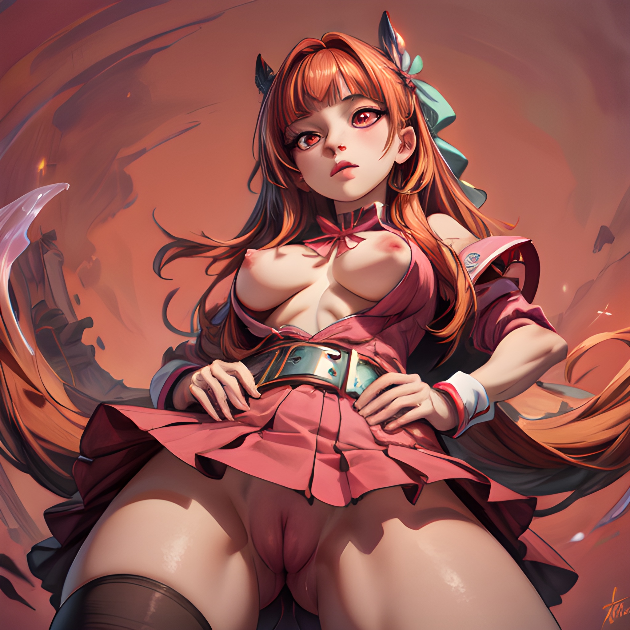 1girls, ai generated, blossom (powerpuff girls), cartoon network, female, from below, hair ribbon, hi res, long hair, looking at viewer, orange hair, powerpuff girls, pussy, stable diffusion, upskirt