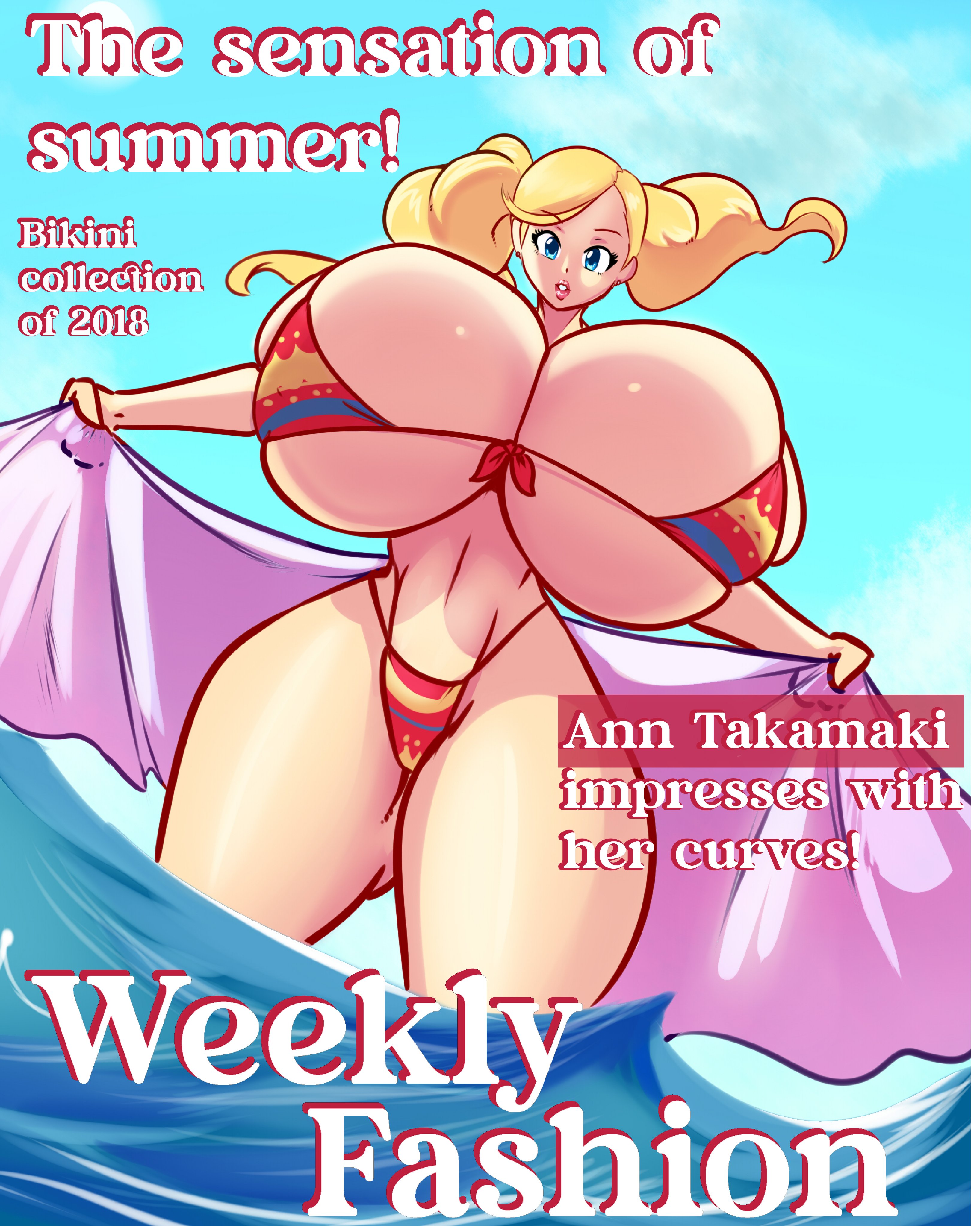 2023, ann takamaki, ass, atlus, beach, bikini, bikini top, breasts, breasts bigger than head, female, hourglass figure, huge breasts, hyper ass, ocean, persona, persona 5, schnauzercito, text, thick thighs