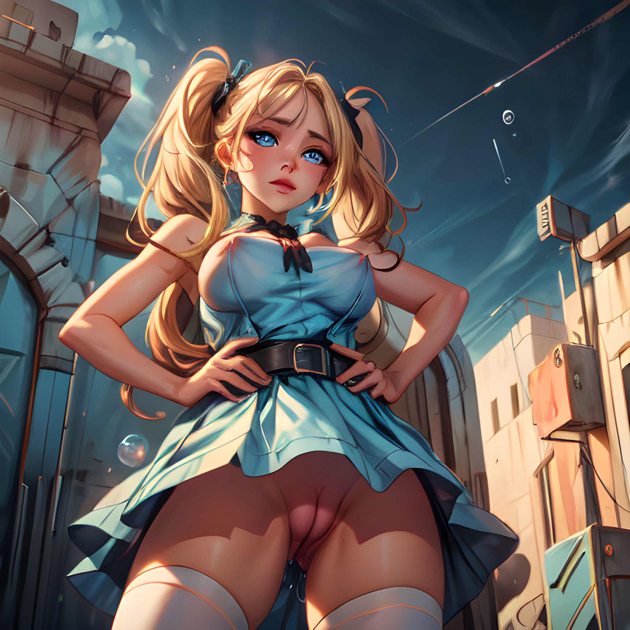 1girls, ai generated, blonde hair, blue eyes, bubbles (powerpuff girls), cartoon network, female, from below, hi res, looking at viewer, powerpuff girls, pussy, stable diffusion, twintails, upskirt