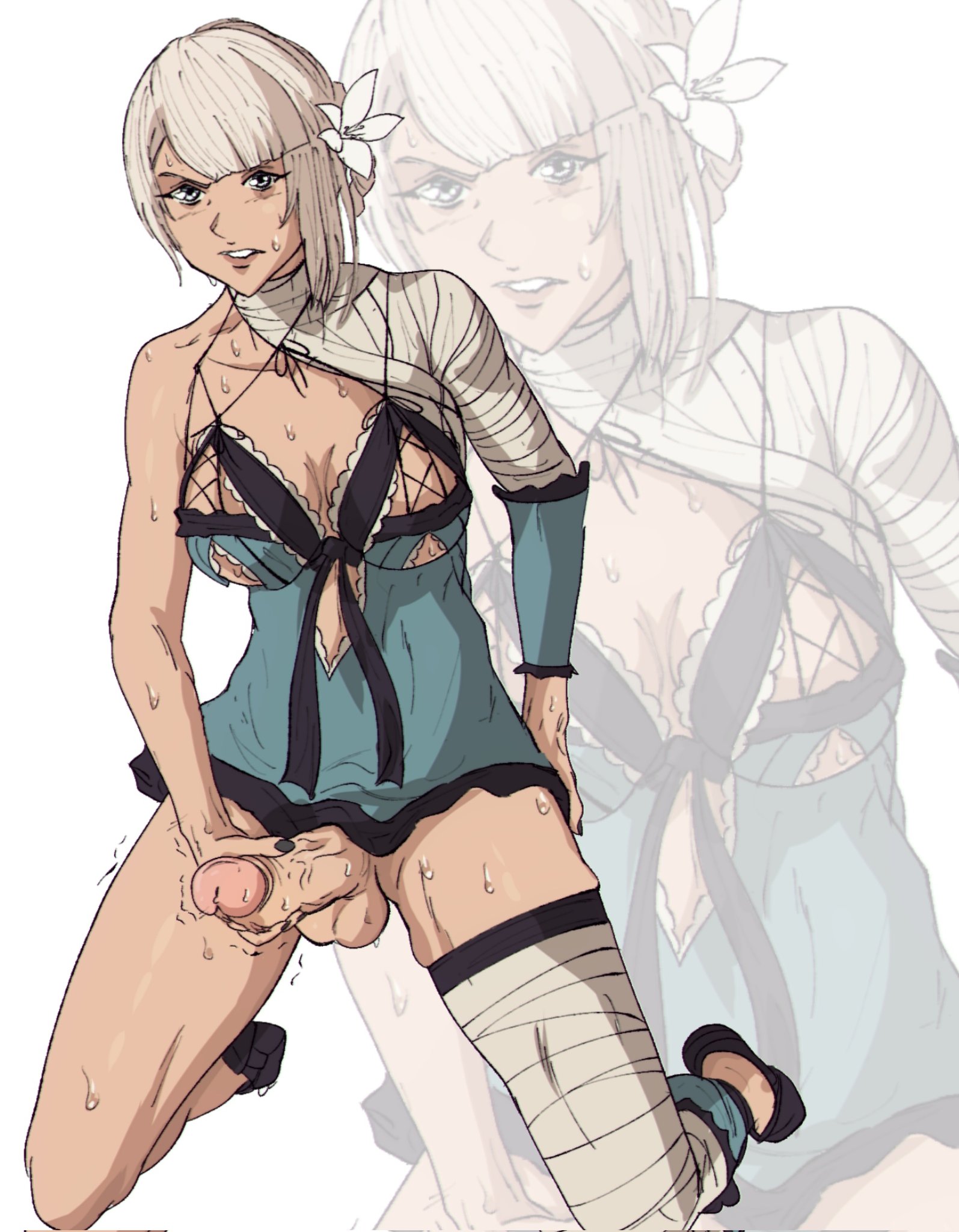 1futa, balls, bangs, big breasts, big penis, bottomless, breasts, clothed, clothing, erection, futa only, futanari, human, intersex, kaine (nier), kneeling, light skin, light-skinned futa, masturbation, mostly clothed, nier, nier replicant, penis, short hair, solo, sweat, yoracrab