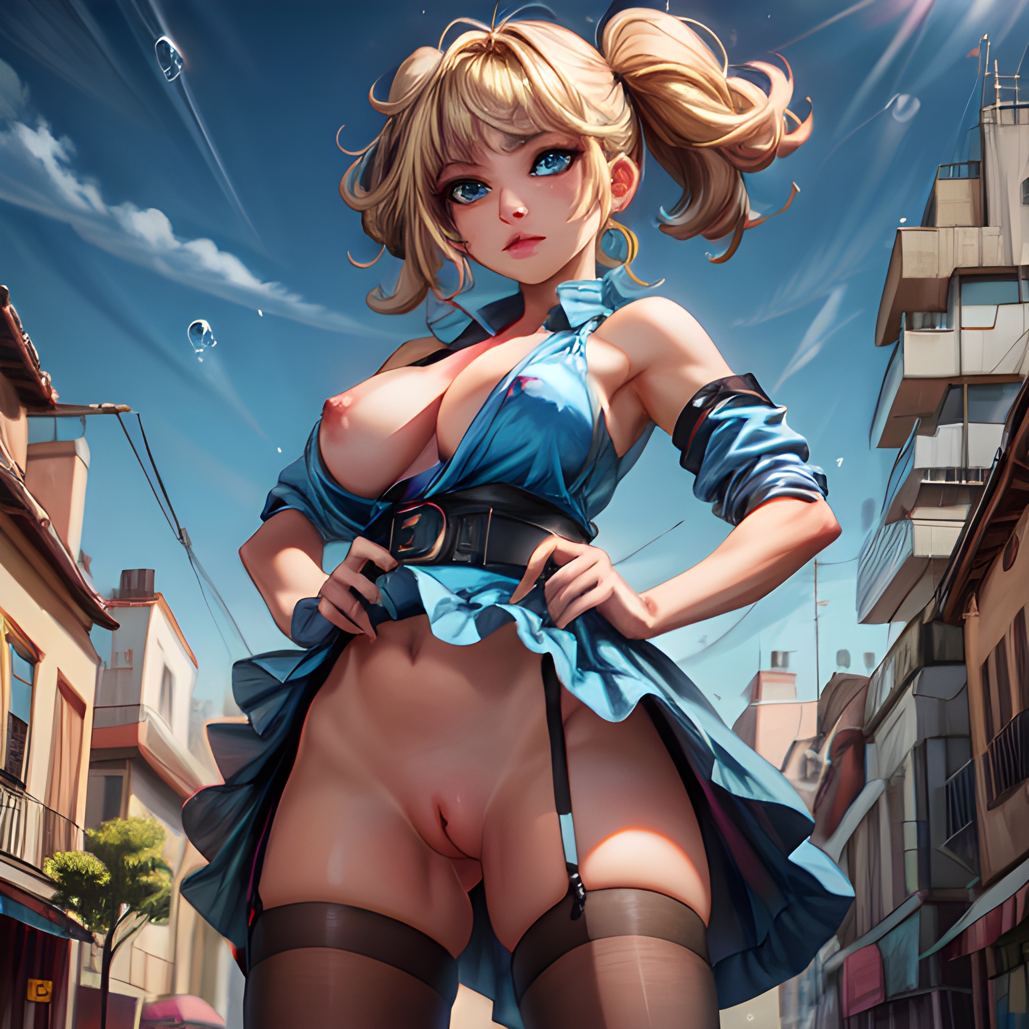 1girls, ai generated, blonde hair, blue eyes, bubbles (powerpuff girls), cartoon network, female, from below, hi res, looking at viewer, powerpuff girls, pussy, stable diffusion, twintails, upskirt