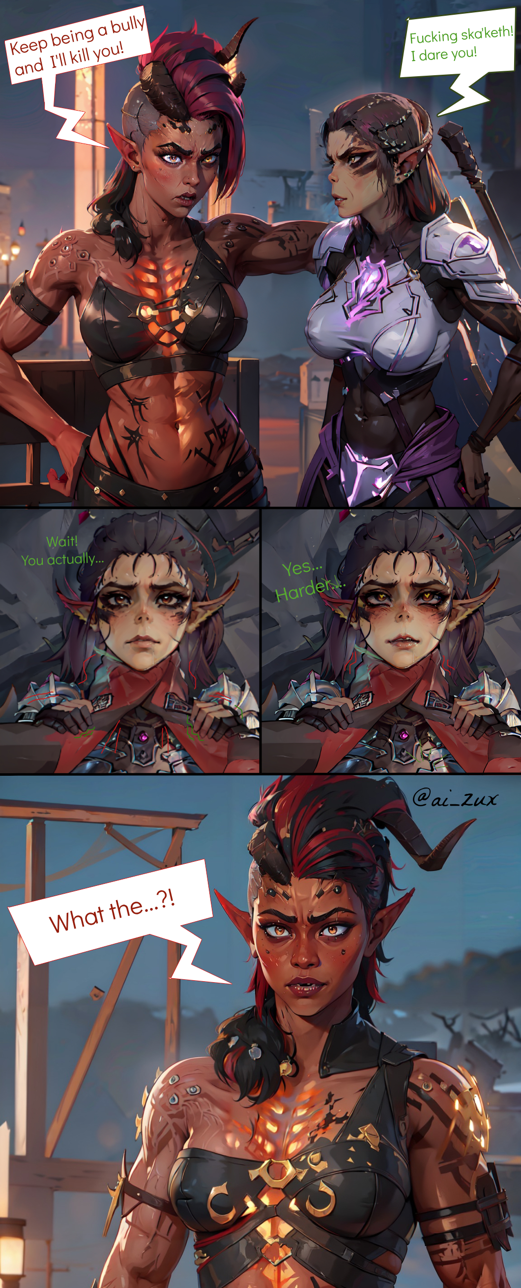 2girls, ai generated, baldur's gate, baldur's gate 3, bdsm, choking, comic, dungeons and dragons, female, female only, forgotten realms, gith, githyanki, hands, humor, karlach, lae'zel, stable diffusion, strangling, tiefling, yuri, zux edits