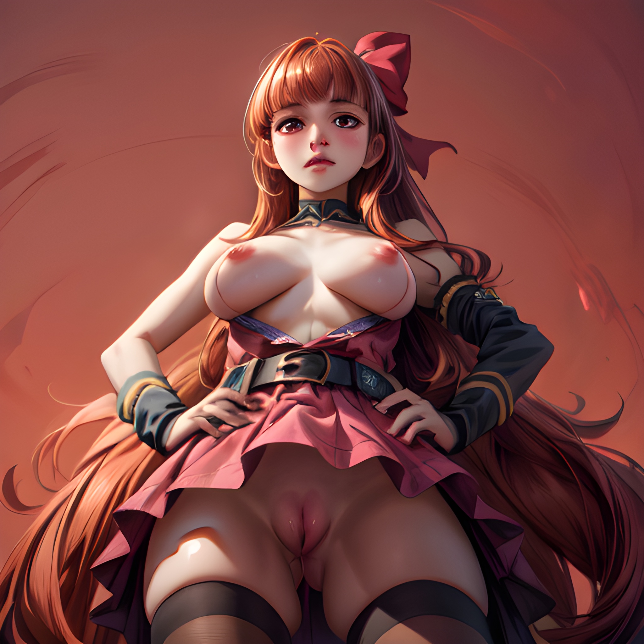 1girls, ai generated, blossom (powerpuff girls), cartoon network, female, from below, hair ribbon, hi res, long hair, looking at viewer, orange hair, powerpuff girls, pussy, stable diffusion, upskirt
