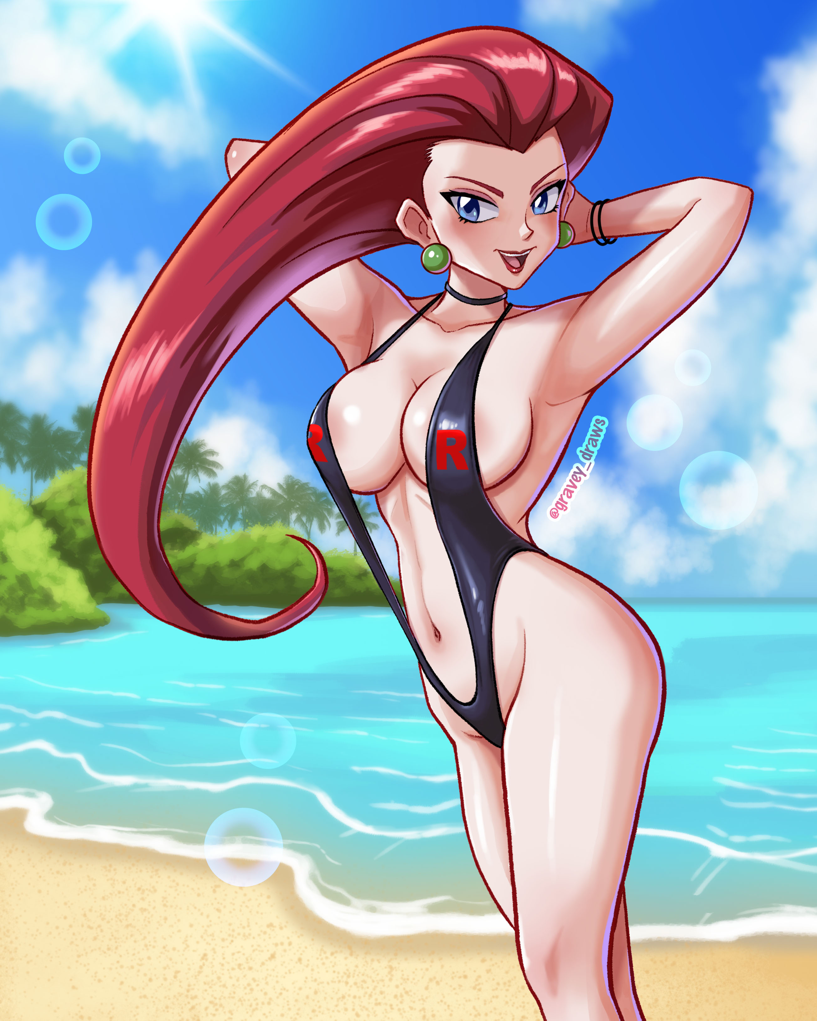 1girls, belly button, big breasts, bikini, breasts, cleavage, female, female only, gravey draws, jessie (pokemon), lipstick, looking at viewer, makeup, mascara, micro bikini, nintendo, open mouth, pokemon, revealing clothes, sling bikini, solo
