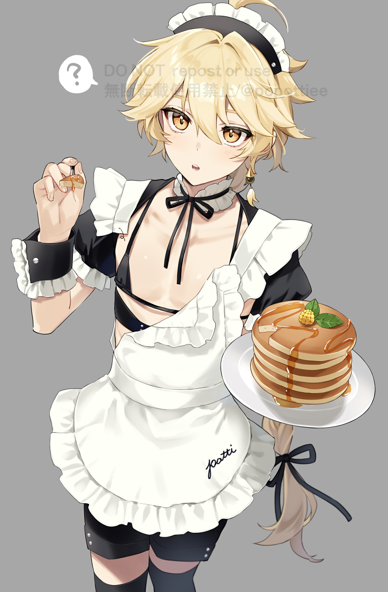 1boy 2d aether_(genshin_impact) apron bikini_top blonde_hair braid crossdressing dress femboy genshin_impact maid maid_headdress maid_uniform male male_only mostly_clothed otoko_no_ko pancake popottiee potti-p solo solo_male trap twink