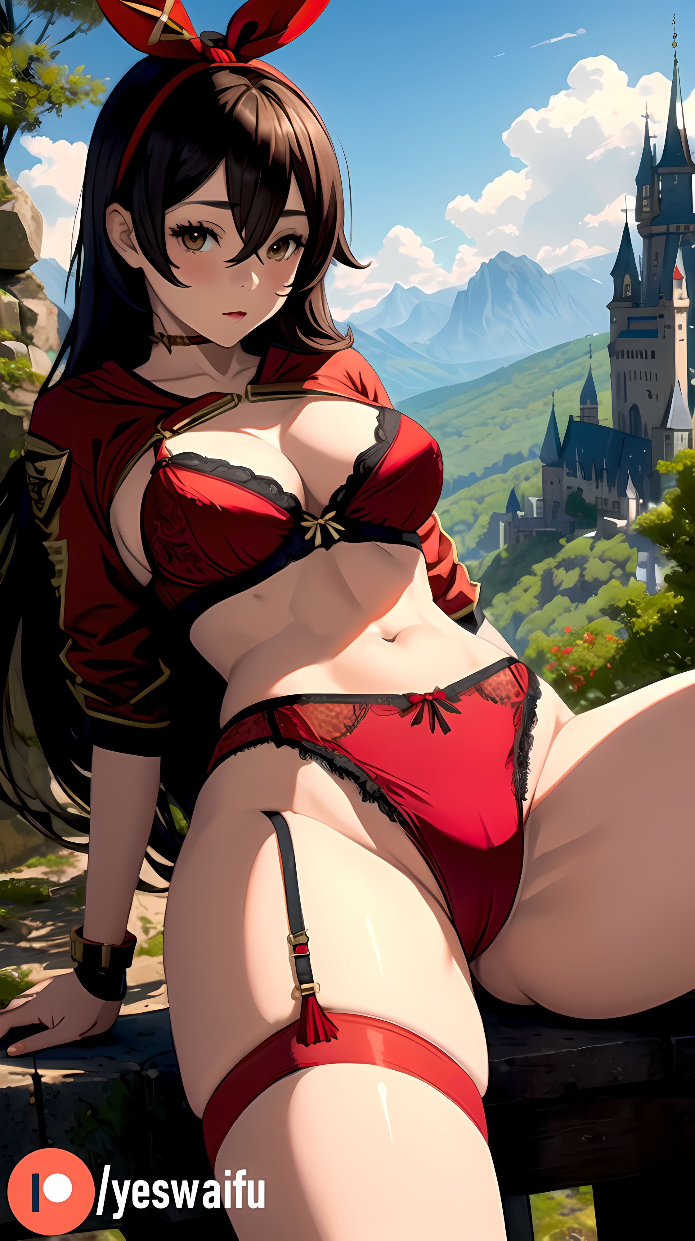 1girls, ai generated, amber (genshin impact), brown eyes, brown hair, cameltoe, castle, female, genshin impact, lingerie, looking at viewer, pussy, shy, tagme, yeswaifu