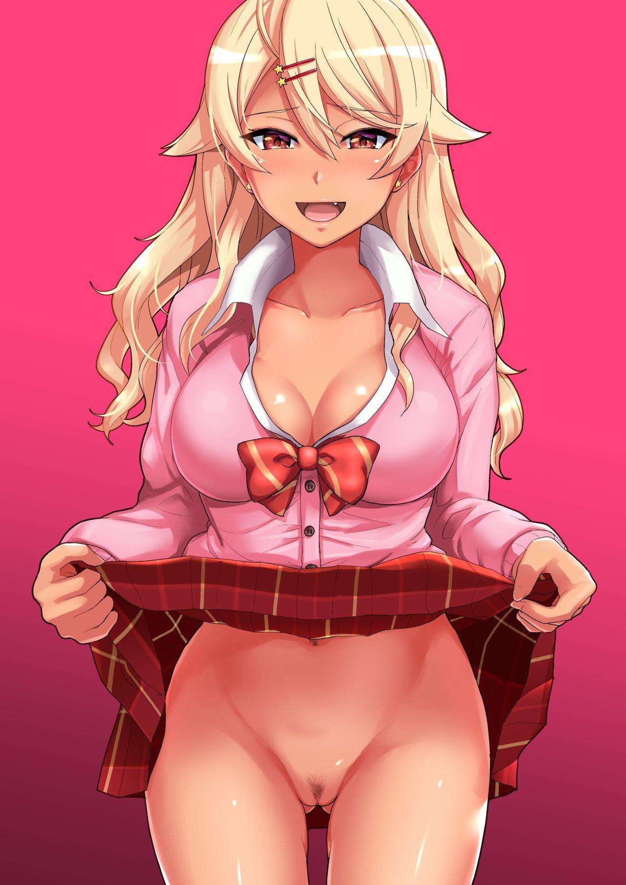 1girls ass_visible_from_the_front ass_visible_through_thighs cowboy_shot earrings gal gyaru gyaru_gal haruhisky highres jewelry kuro_gyaru lifted_by_self long_sleeves looking_at_viewer miniskirt no_panties non-web_source ouga_saki paid_reward pink_background pink_theme plaid plaid_skirt pleated_skirt pubic_hair red_skirt skirt skirt_lift solo virtual_youtuber