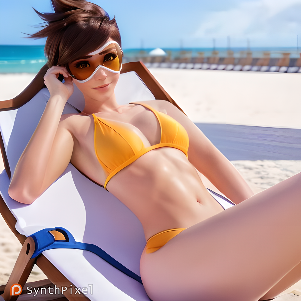 1girls adjusting_eyewear adjusting_glasses adjusting_sunglasses ai_generated beach bikini breast brown-tinted_eyewear brown_hair detailed female female_only high_quality highres lena_oxton light-skinned_female looking_at_viewer nsfw orange-tinted_eyewear orange_bikini outside overwatch realistic sand short_hair smile solo suggestive suggestive_look sunbathing sunglasses synthpixel tinted_eyewear tracer