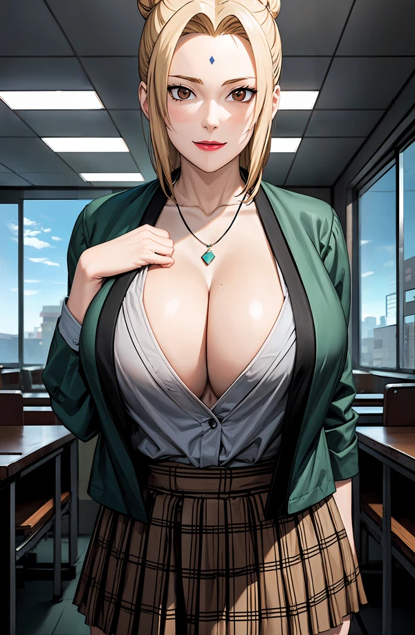 ai generated, aiartfactory, bangs, blonde hair, brown eyes, classroom, cleavage, female, forehead jewel, forehead mark, green jacket, lipstick, looking at viewer, milf, naruto, naruto (series), naruto shippuden, parted bangs, plaid skirt, skirt, tagme, tagme (artist), teacher, tsunade